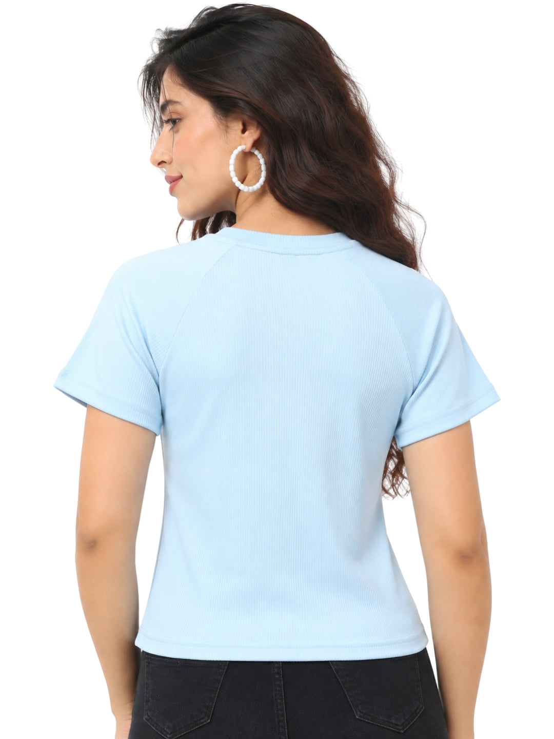 Living CO Women Sky Blue Ribbed Round Neck Short Sleeves Stitched Casual Top