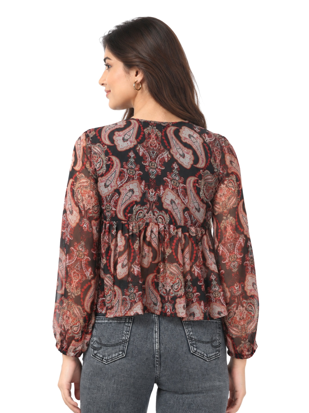 Living CO Women Black Red Paisley Viscose Georgette V Neck Long Sleeves Peplum Top