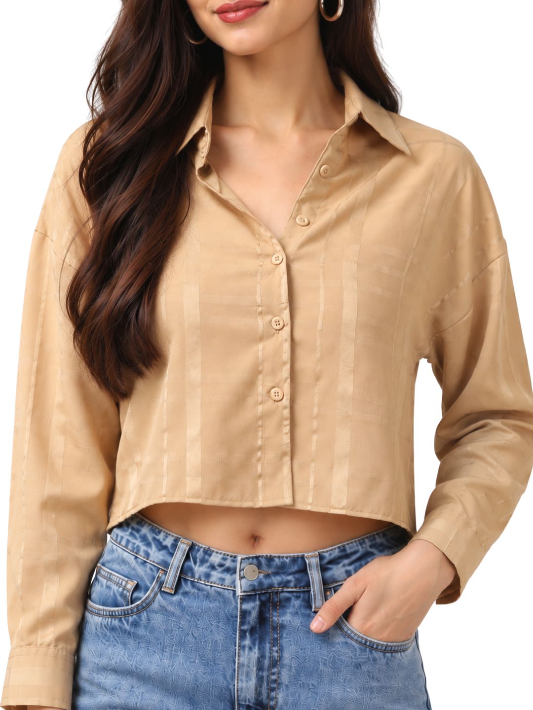 Women’s Beige Checked Cropped Full Sleeve Collared Button-Down Crop Top with Subtle Check Pattern