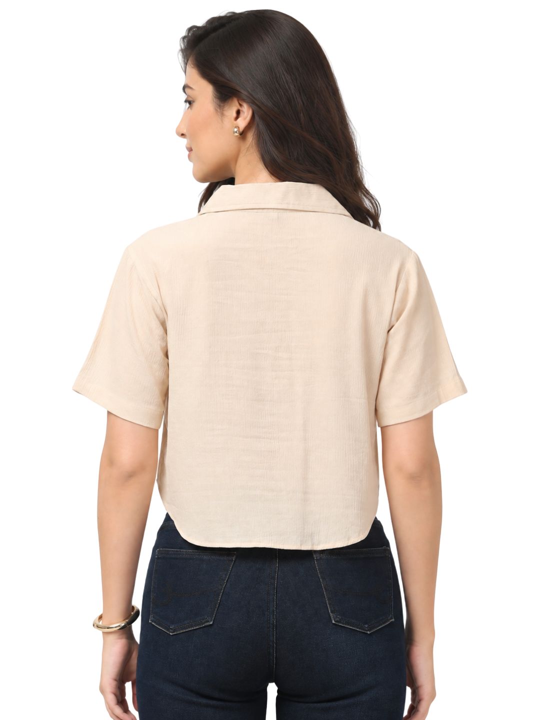 Women’s Beige Cotton Crepe Cropped Collared Shirt