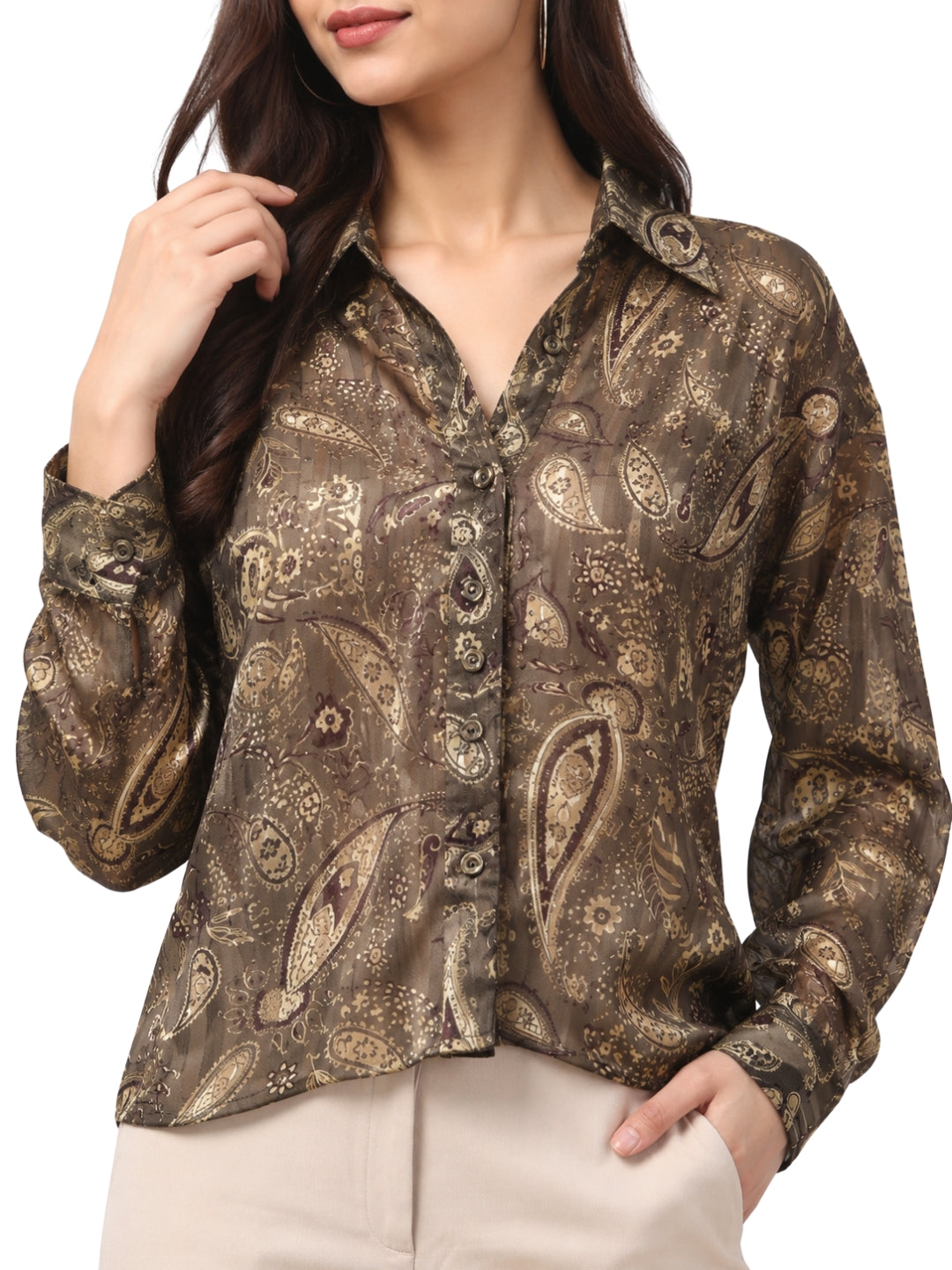 Women’s Brown Paisley Print Full Sleeve Shirt