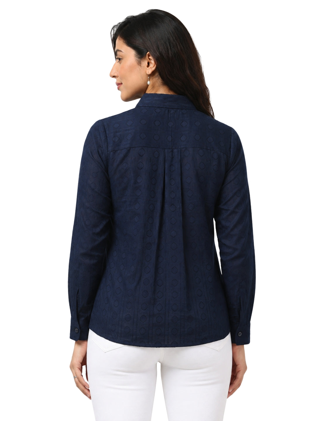 Women’s Navy Blue Cotton Jacquard  extured Pattern Casual Shirt for Outings & Everyday Wear