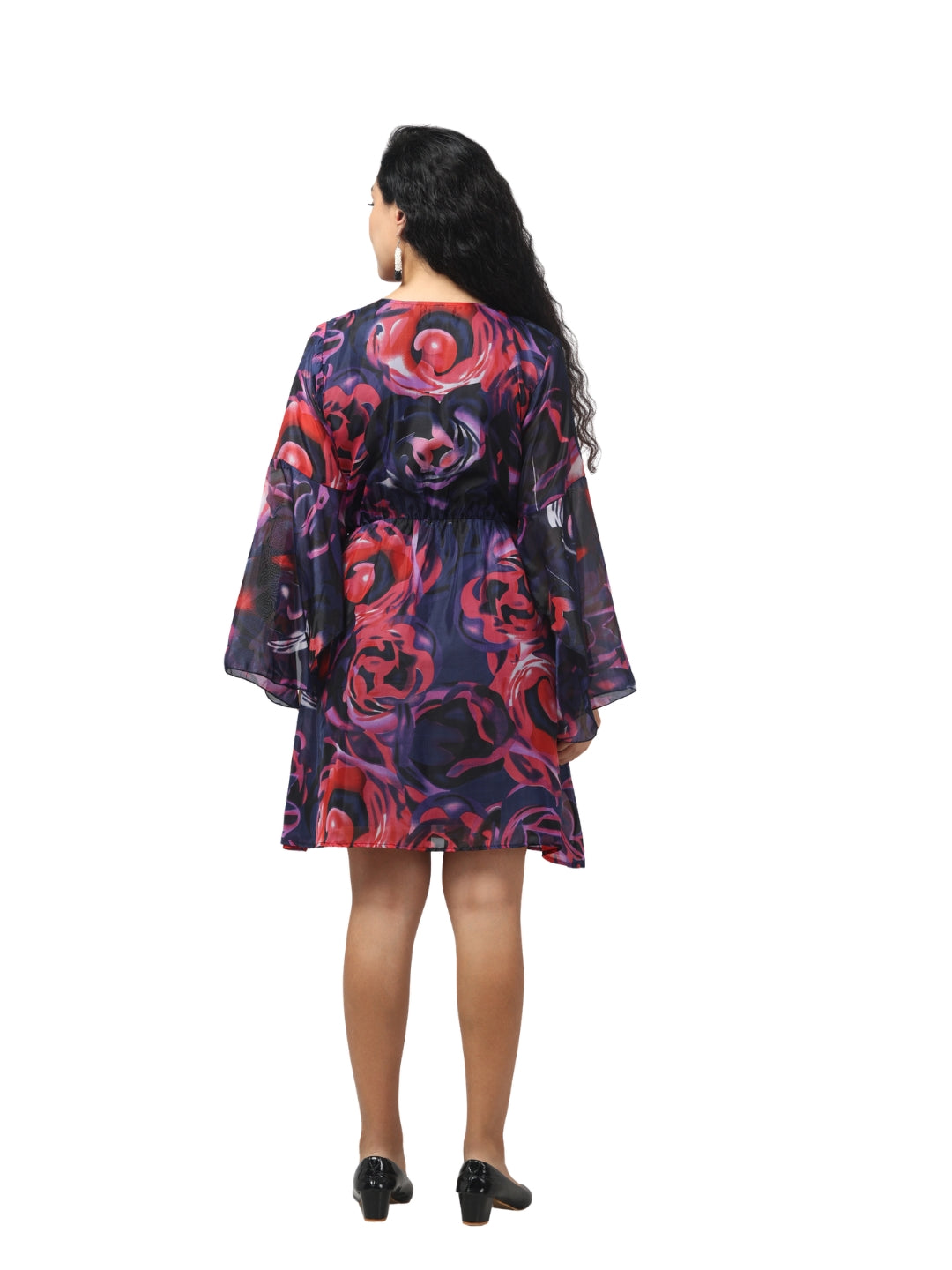 Living CO Women Multicolor Georgette V Neck Flared Sleeves Stitched Printed Knee Length One Piece Dress