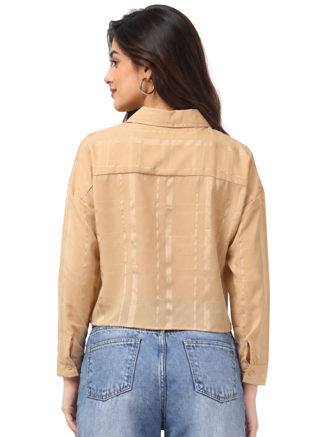 Women’s Beige Checked Cropped Full Sleeve Collared Button-Down Crop Top with Subtle Check Pattern