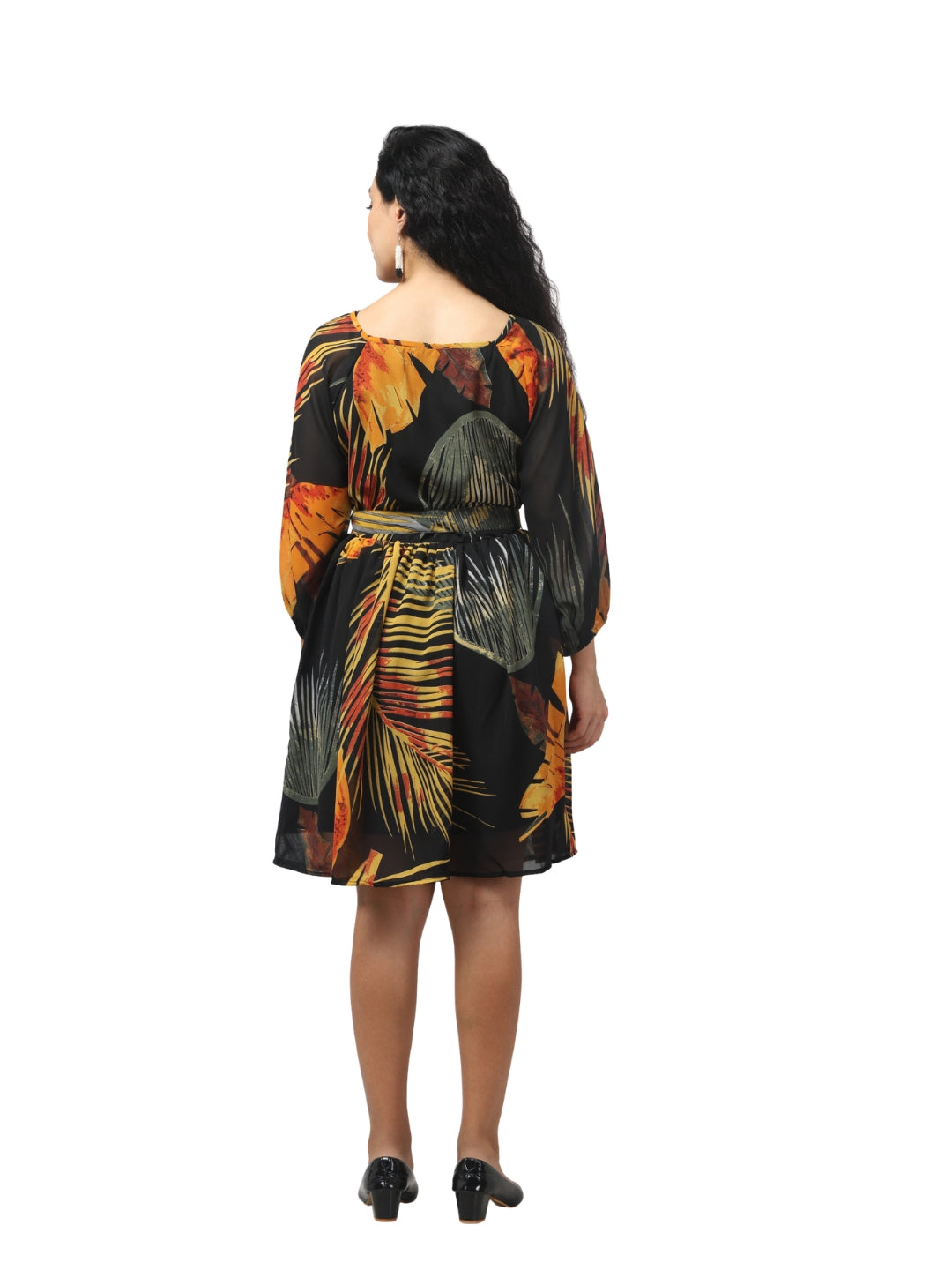 Living CO Women Multicolor Georgette Round Neck Bell Sleeves Stitched Printed Knee Length One Piece Dress