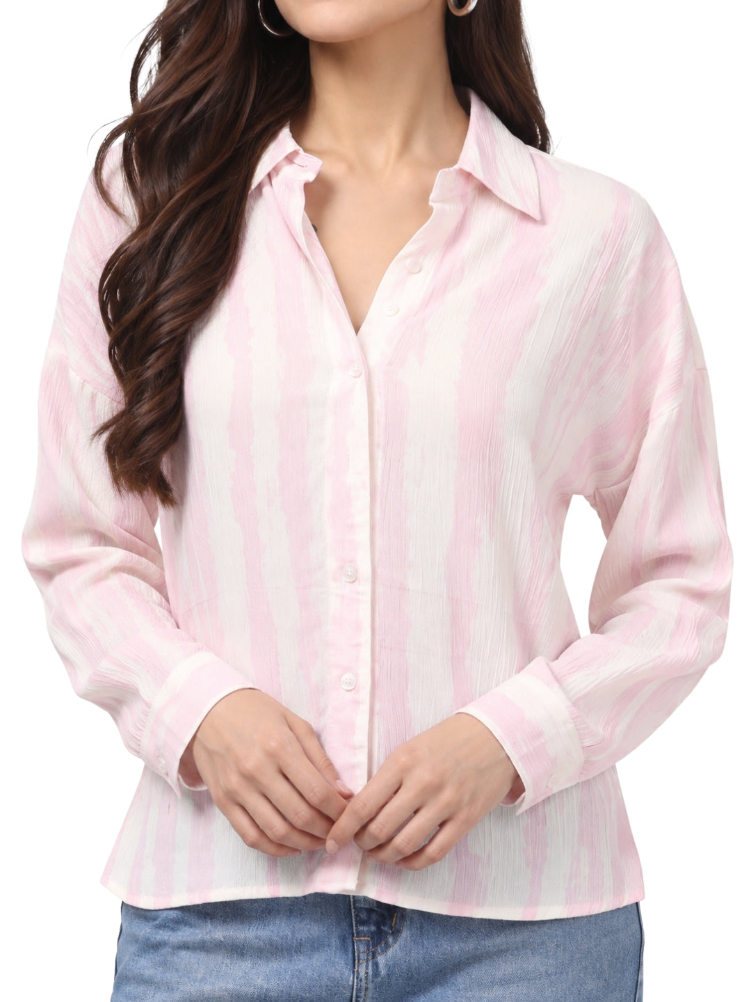 Soft Pink Textured Striped Shirt for Women