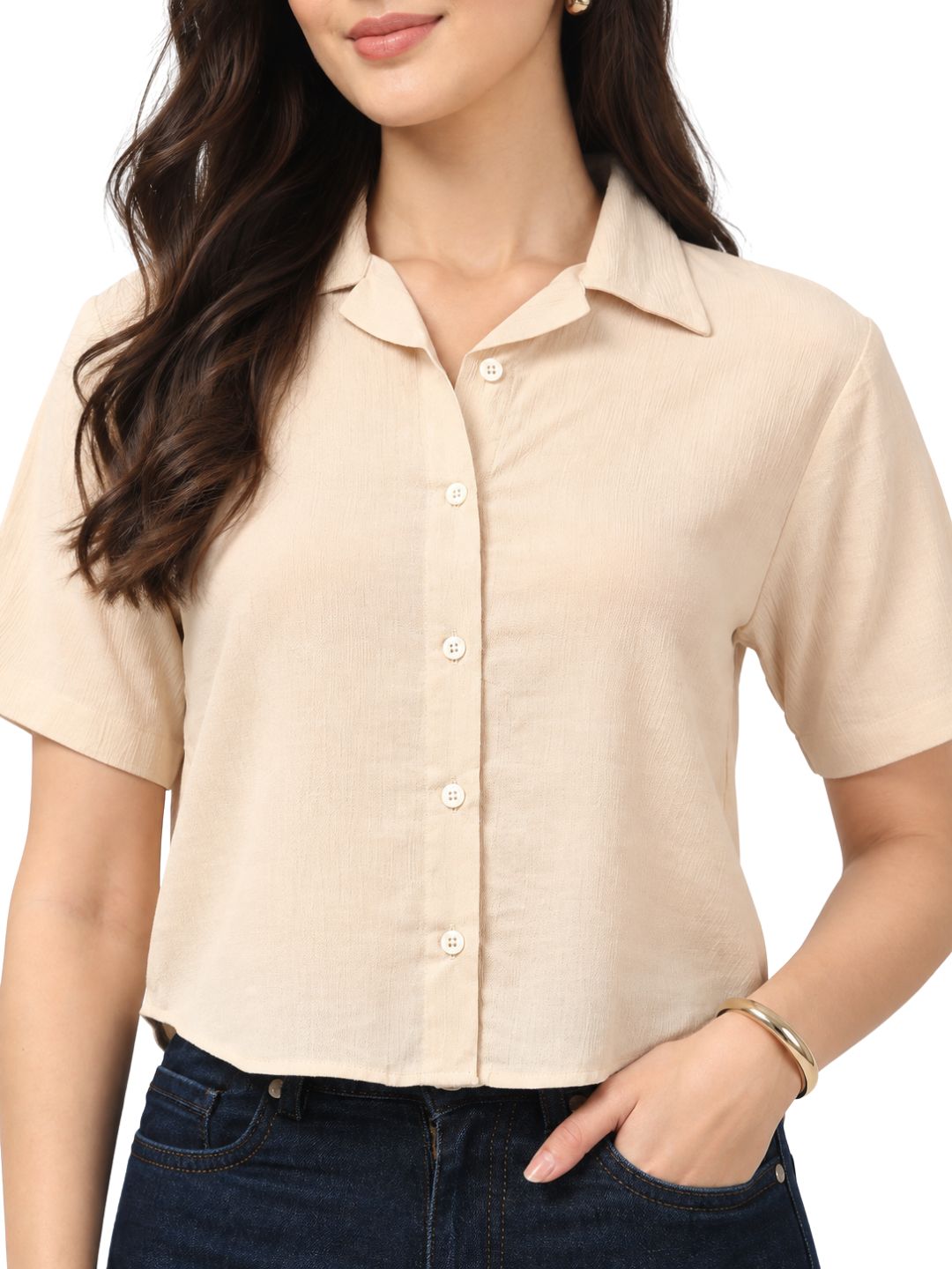 Women’s Beige Cotton Crepe Cropped Collared Shirt