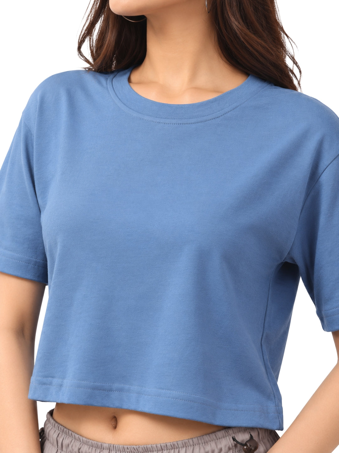 Women’s Light Blue Cotton Cropped T-Shirt with Crew Neck and Short Sleeves
