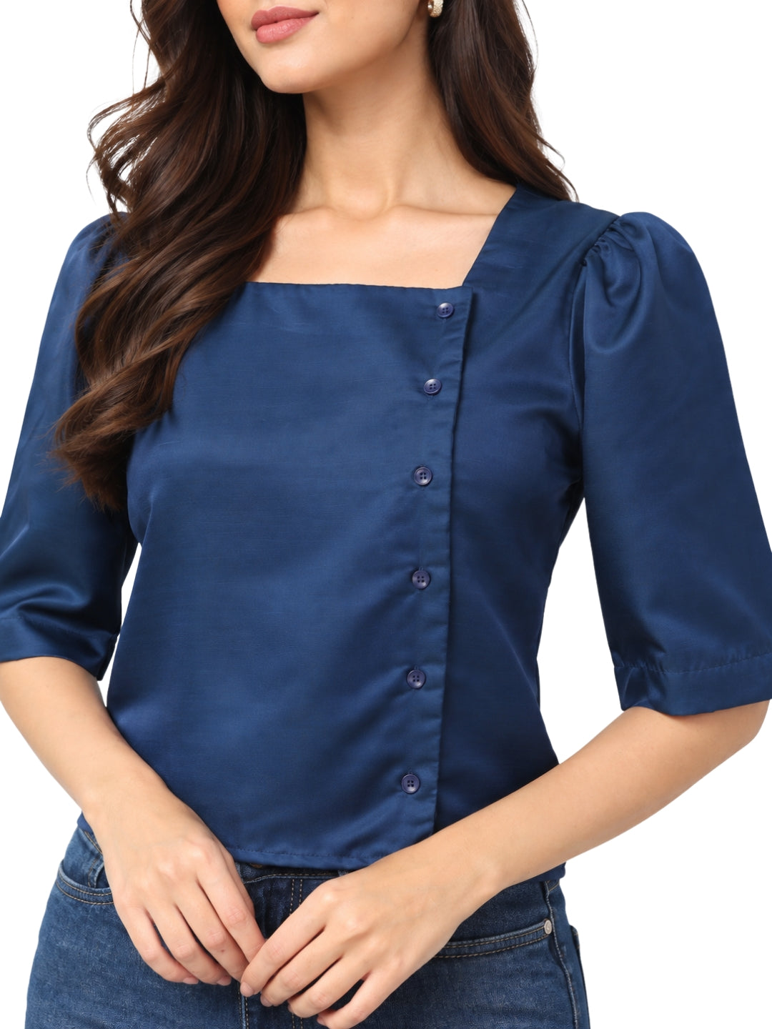Living CO Women Navy Blue Linen Satin Square Neck Half Sleeves Stitched Korean Top