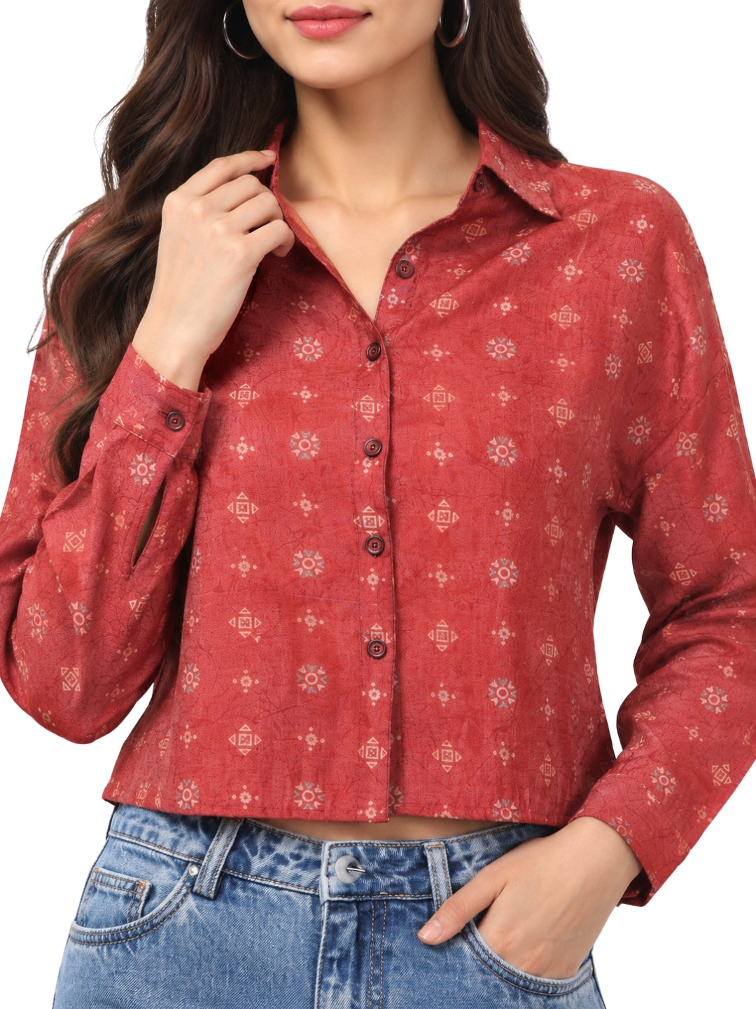 Women’s Red Printed Cropped Shirt | Full Sleeve Button-Down Top