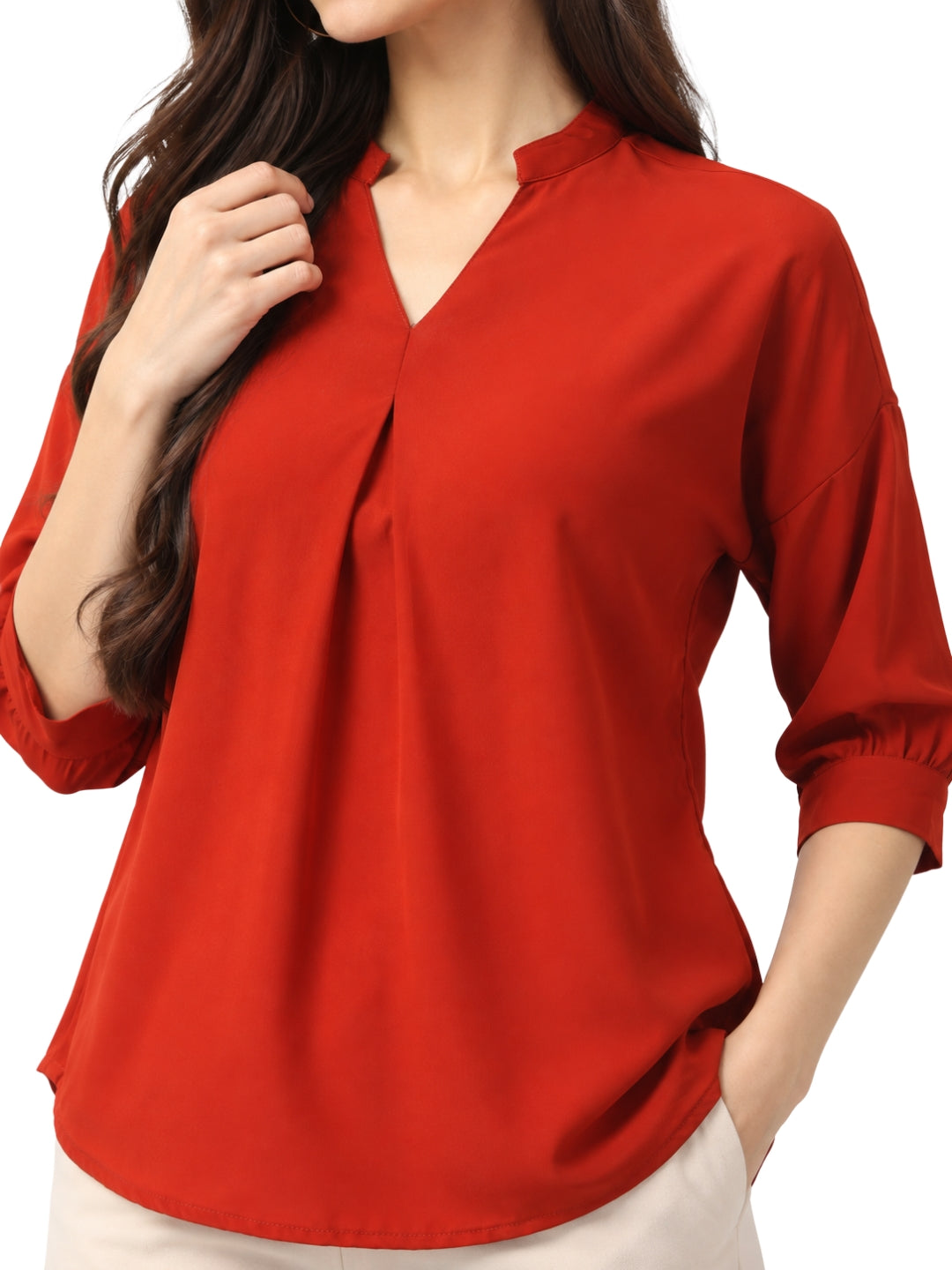 Living CO Women Rust Viscose Blend V Neck Three Quarter Sleeves Stitched Casual Top
