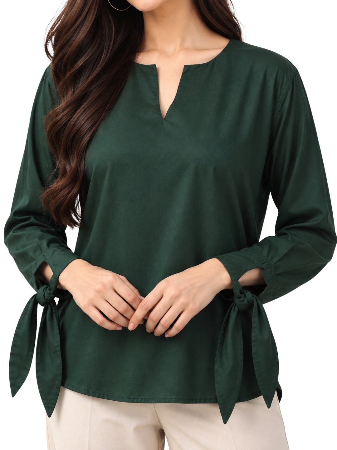 Women’s Dark Green Tie-Sleeve V-Neck Top