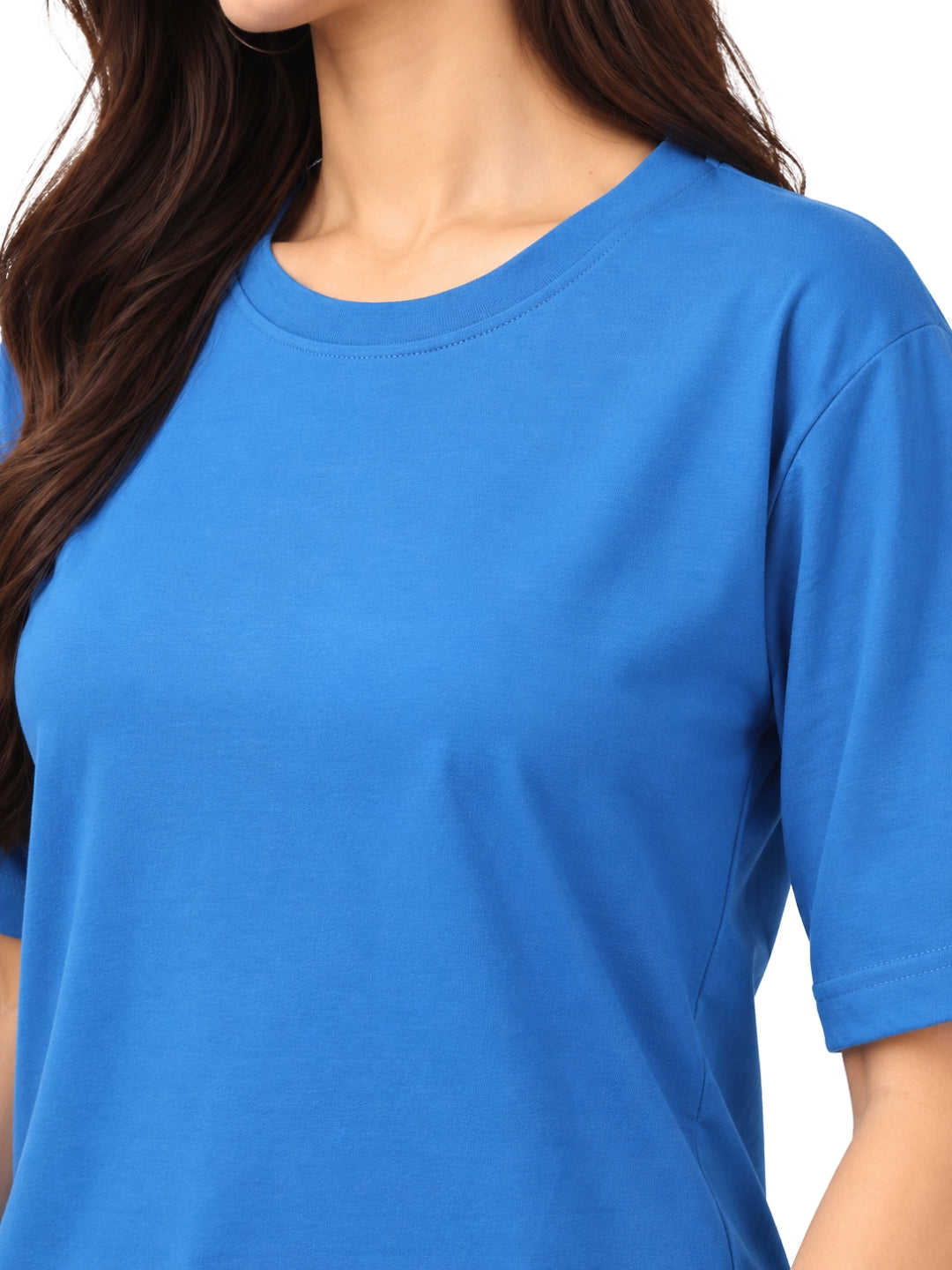Living CO Women Blue Cotton Round Neck Half Sleeves Stitched Casual T Shirt