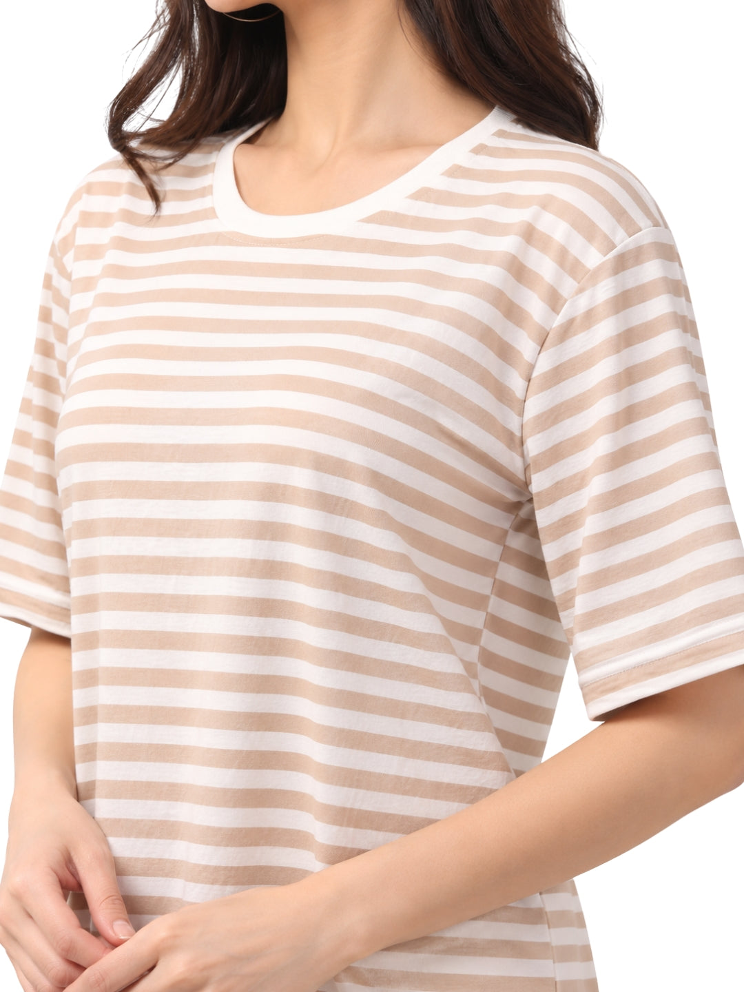 Women's Beige and White Striped Cotton Casual T-Shirt with Round Neck and Half Sleeves