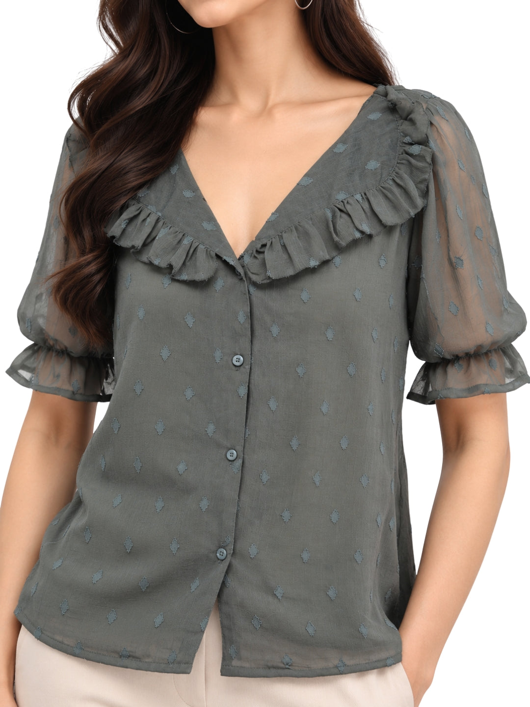 Women’s Elegant Olive Green Ruffled V-Neck Button-Front Sheer Sleeve Casual Top