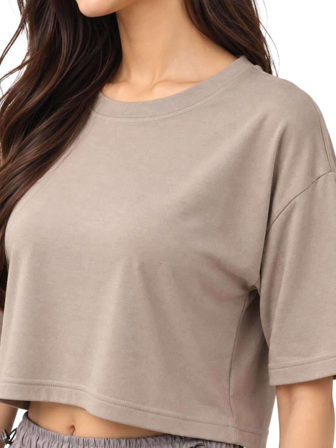 Women’s Beige Cotton Cropped T-Shirt with Crew Neck and Short Sleeves Casual