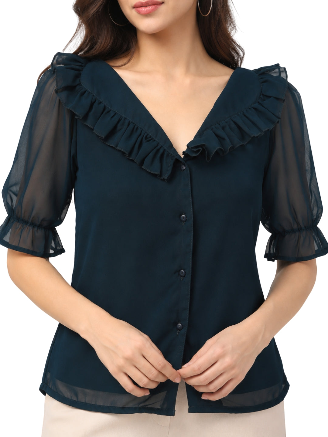 Women's Teal Blue Ruffled V-Neck Button-Down Blouse