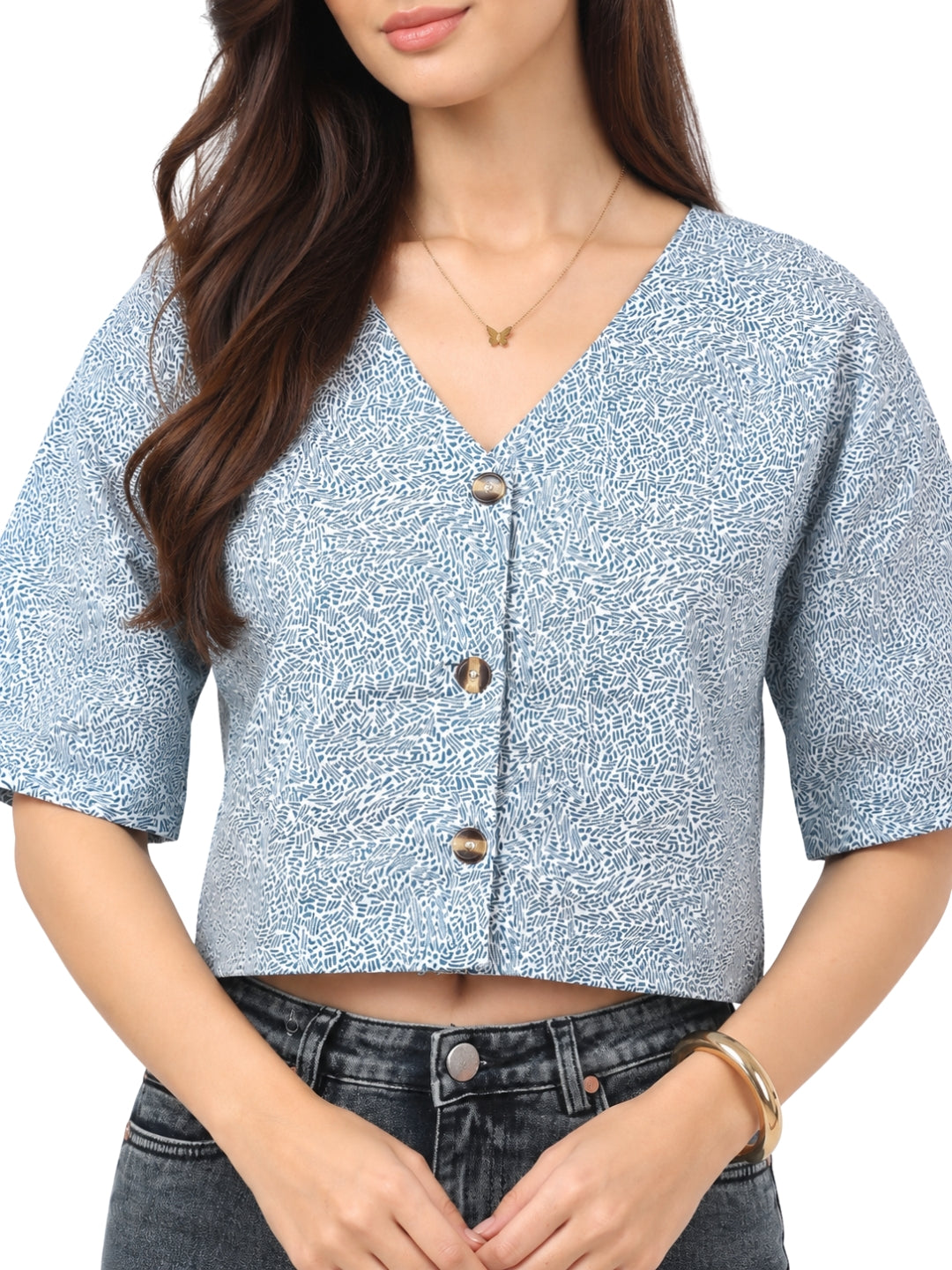 Women’s Blue Printed Cotton Poplin Cropped Top