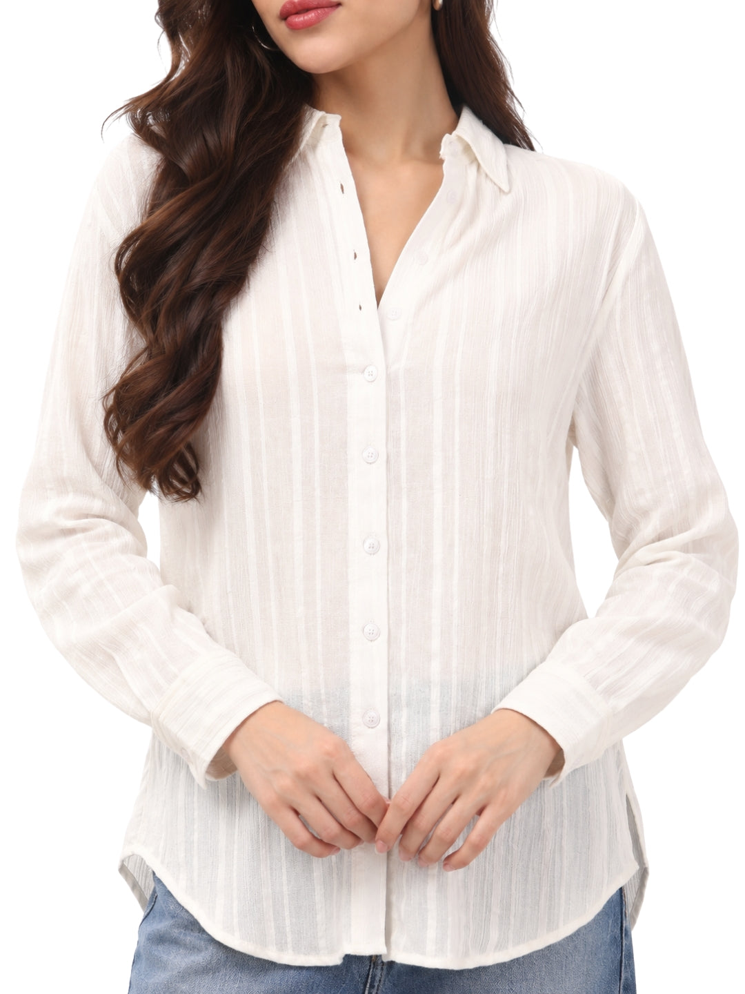 Women’s White Textured Striped Relaxed Fit Shirt