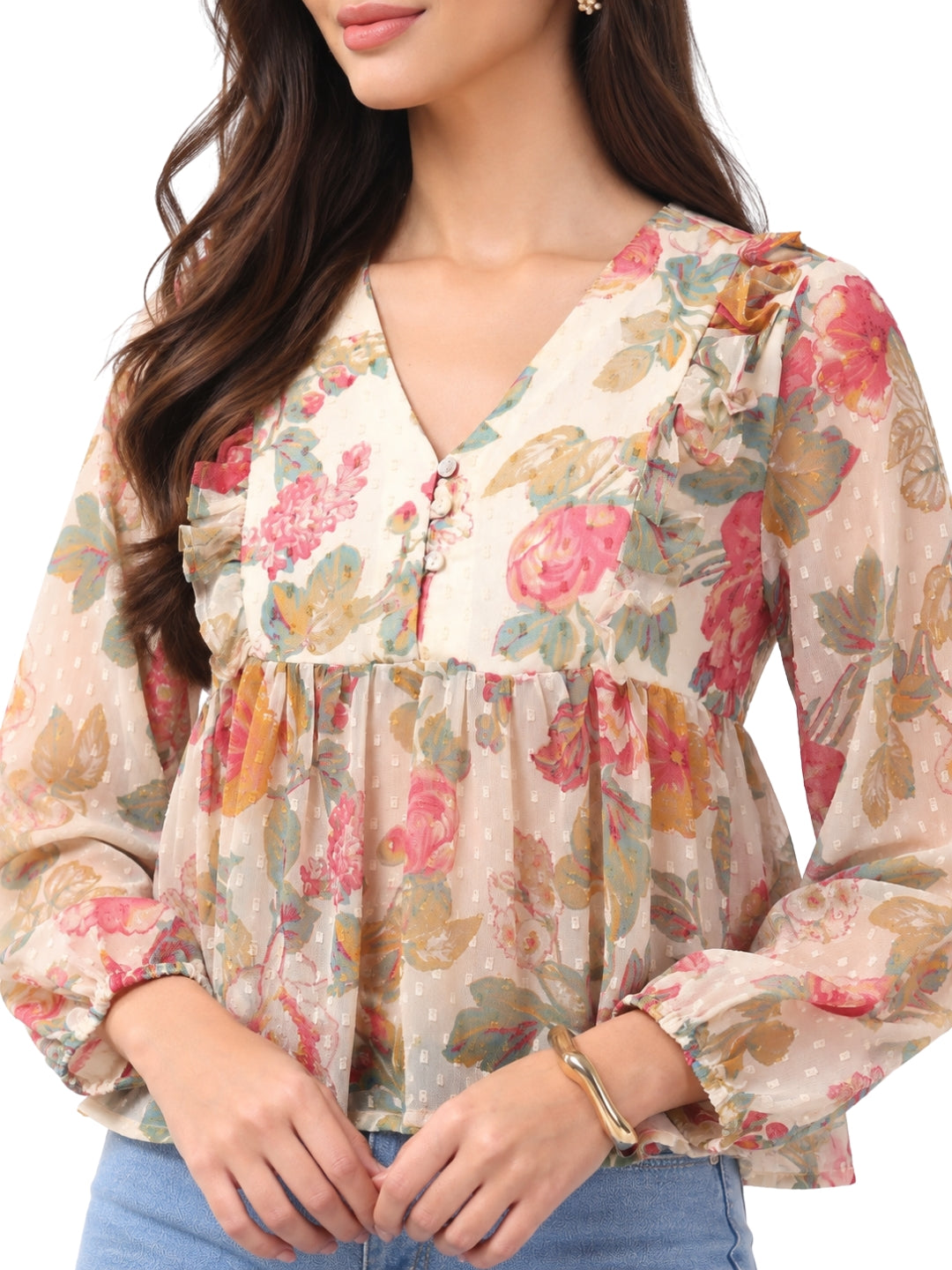 Living CO Women Beige Floral Viscose Chiffon Georgette V Neck Ruffled Peplum Top