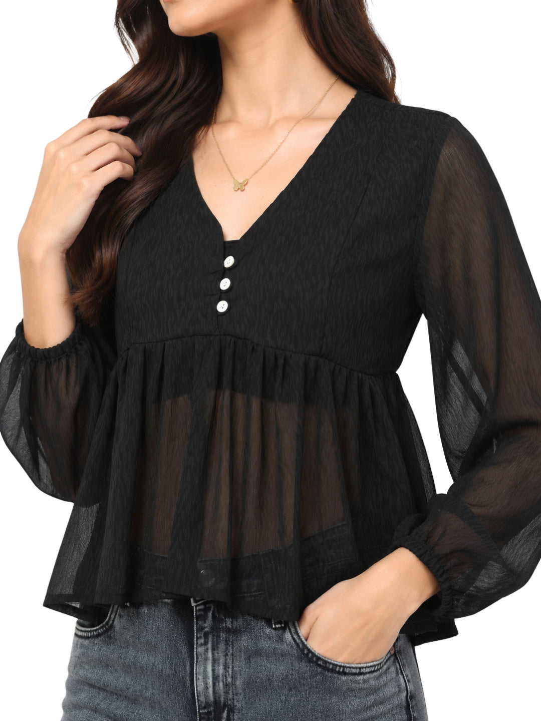Living CO Women Charcoal Black Viscose Georgette V Neck Long Sleeves Stitched Flared Top