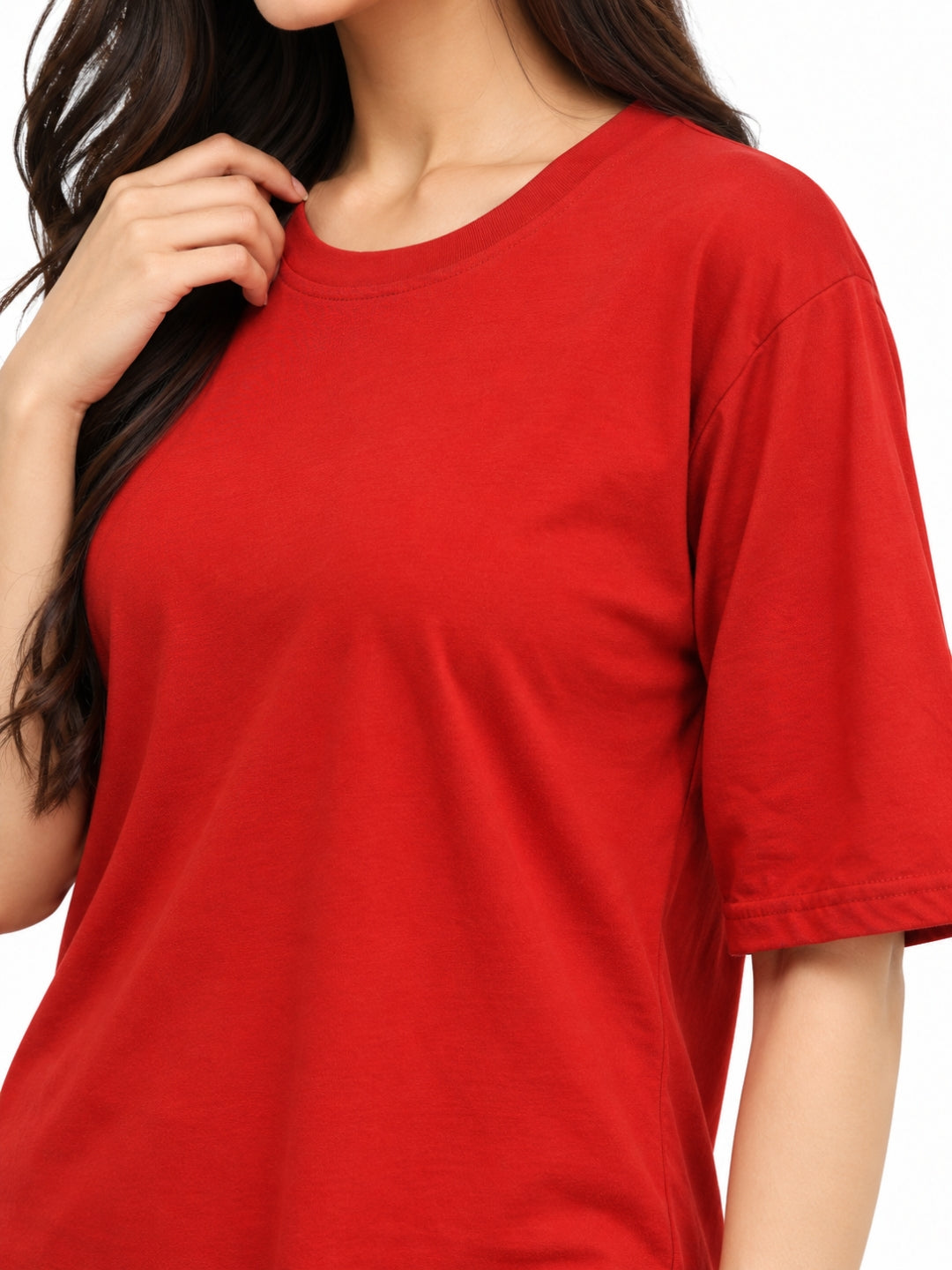 Living CO Women Red Cotton Round Neck Half Sleeves Stitched Casual T Shirt