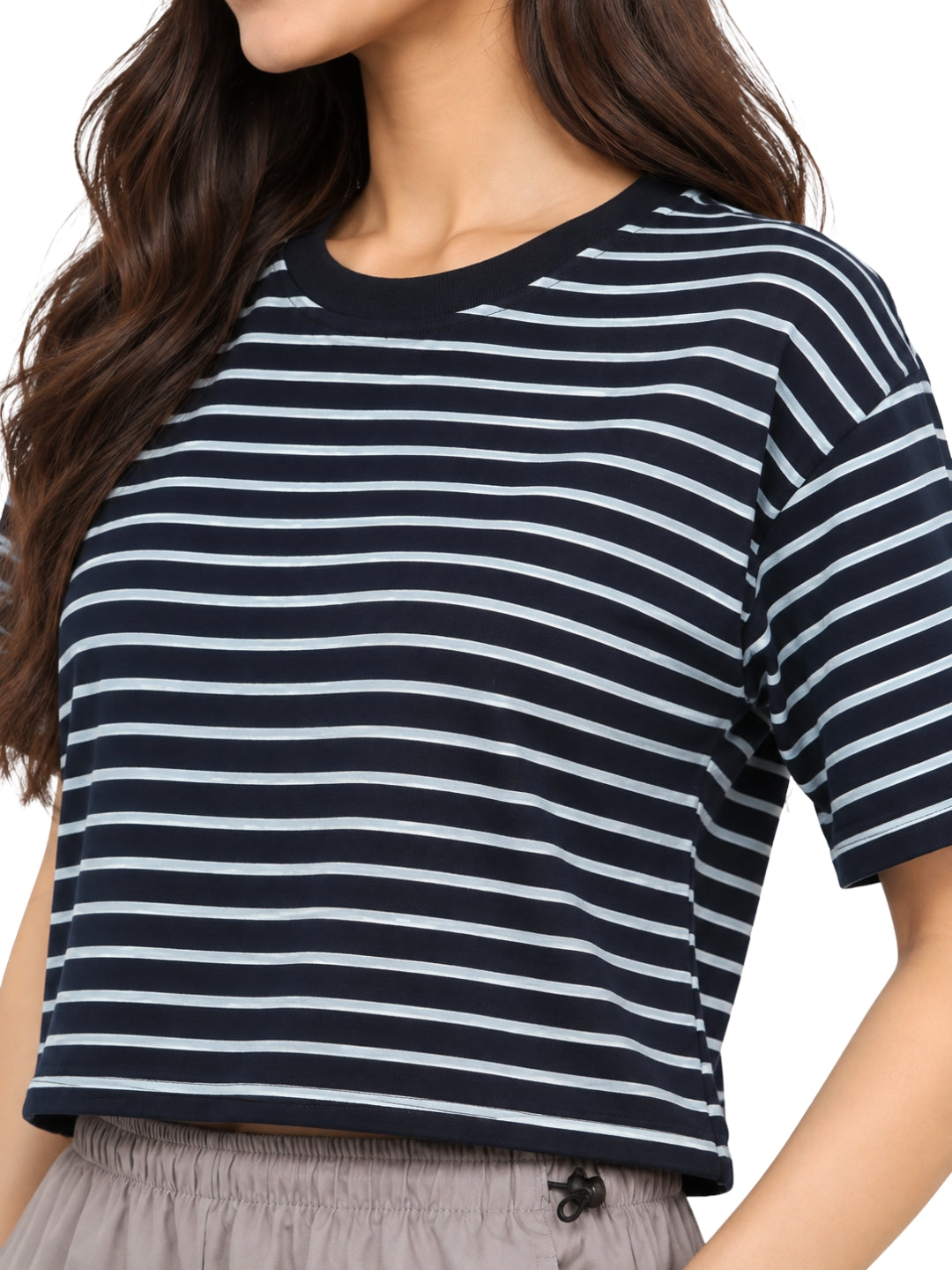 Women’s Navy Blue and White Striped Cotton Cropped T-Shirt with Crew Neck