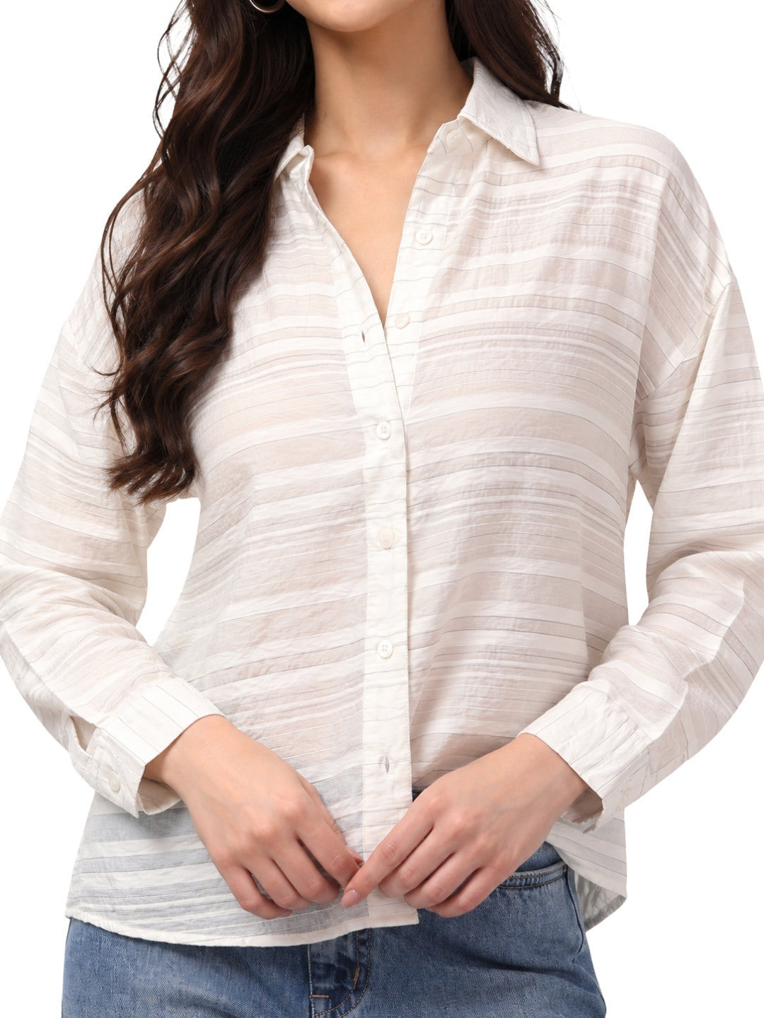 Women’s White Striped Shirt | Full Sleeve Casual Button-Down Top