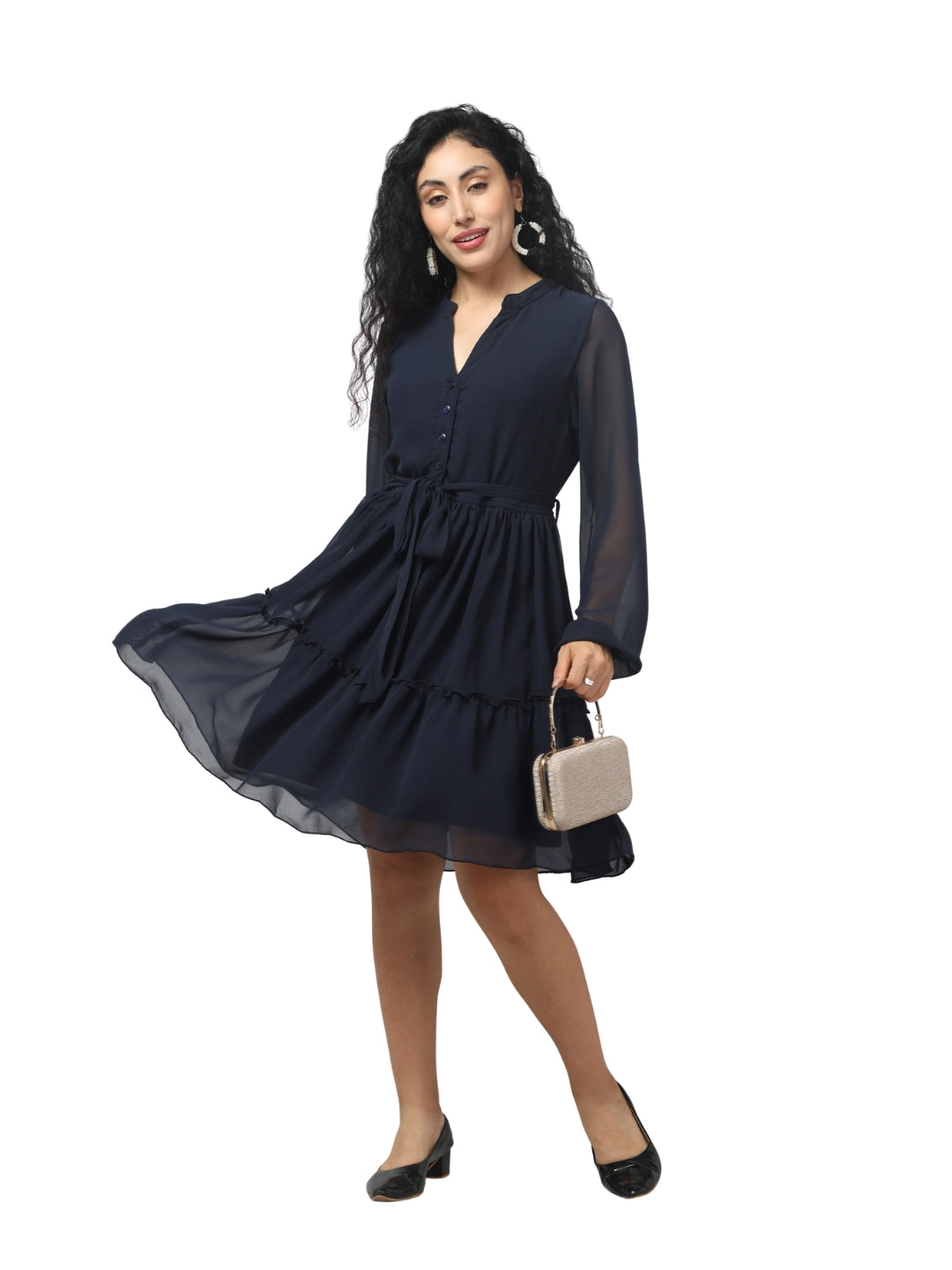 Living CO Women Black Georgette V Neck Long Bell Sleeves Tiered Stitched Knee Length Dress