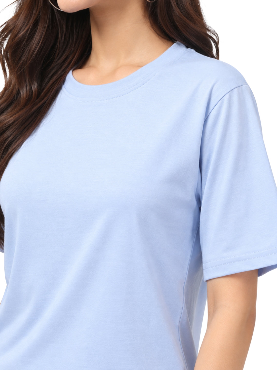 Living CO Women Powder Blue Cotton Round Neck Half Sleeves Stitched Casual T Shirt