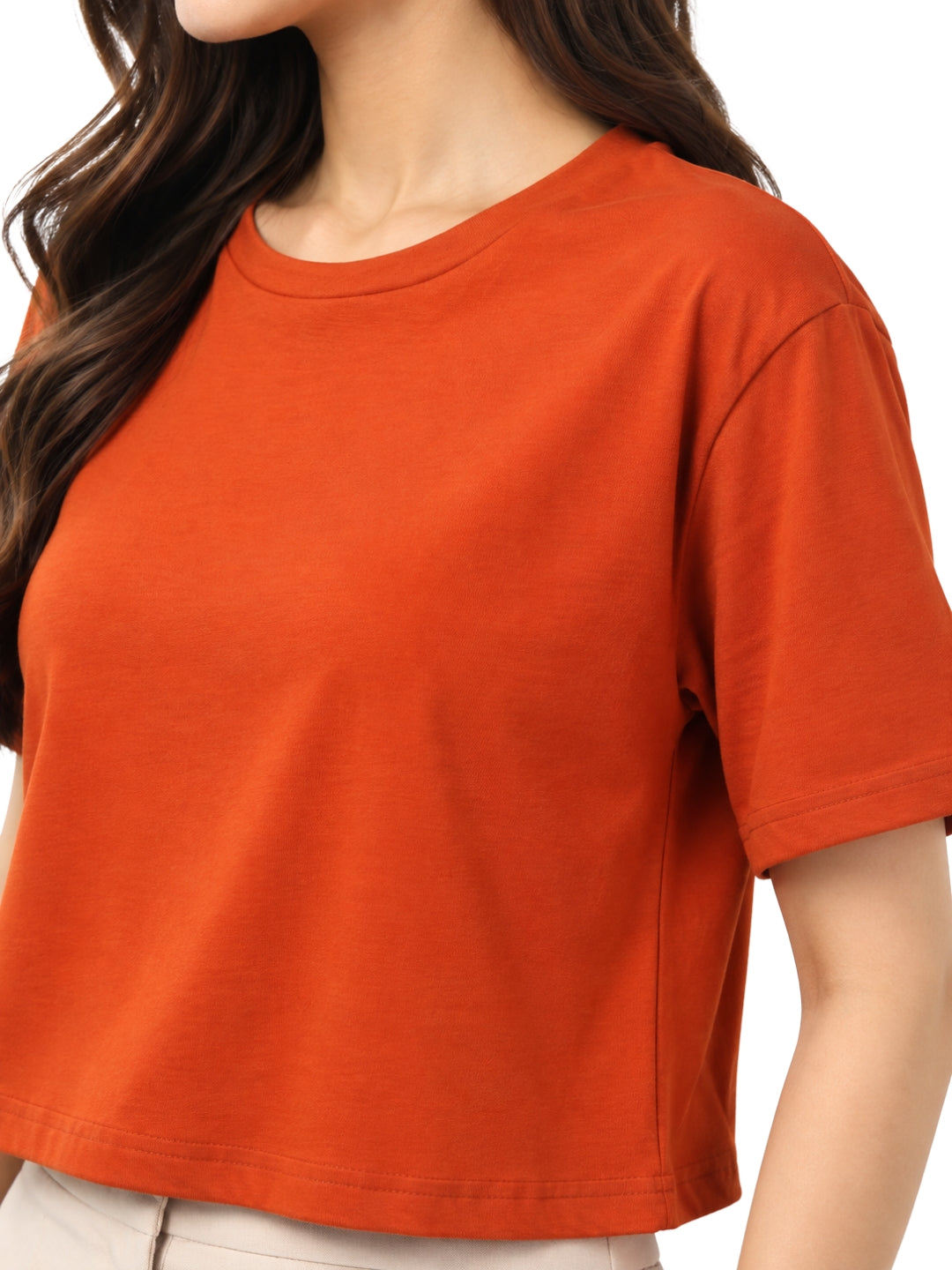Women’s Rust Cotton Cropped T-Shirt with Crew Neck and Short Sleeves