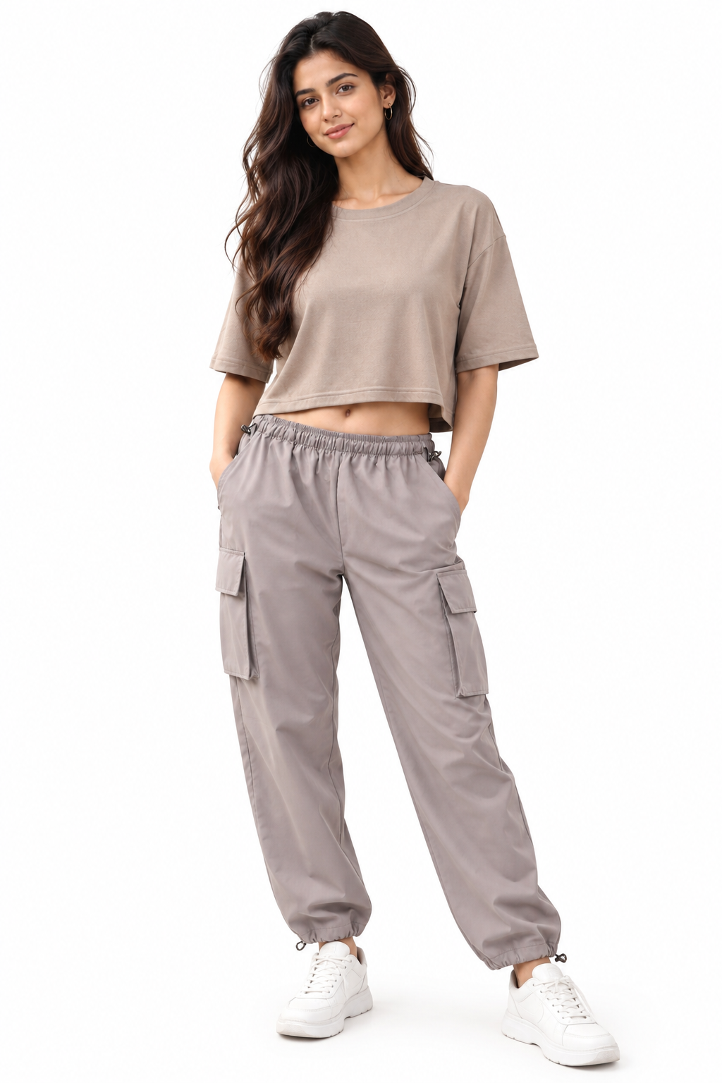 Women’s Beige Cotton Cropped T-Shirt with Crew Neck and Short Sleeves Casual