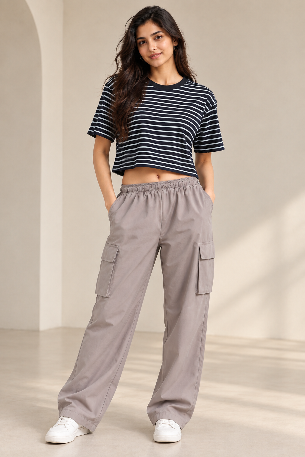 Women’s Navy Blue and White Striped Cotton Cropped T-Shirt with Crew Neck