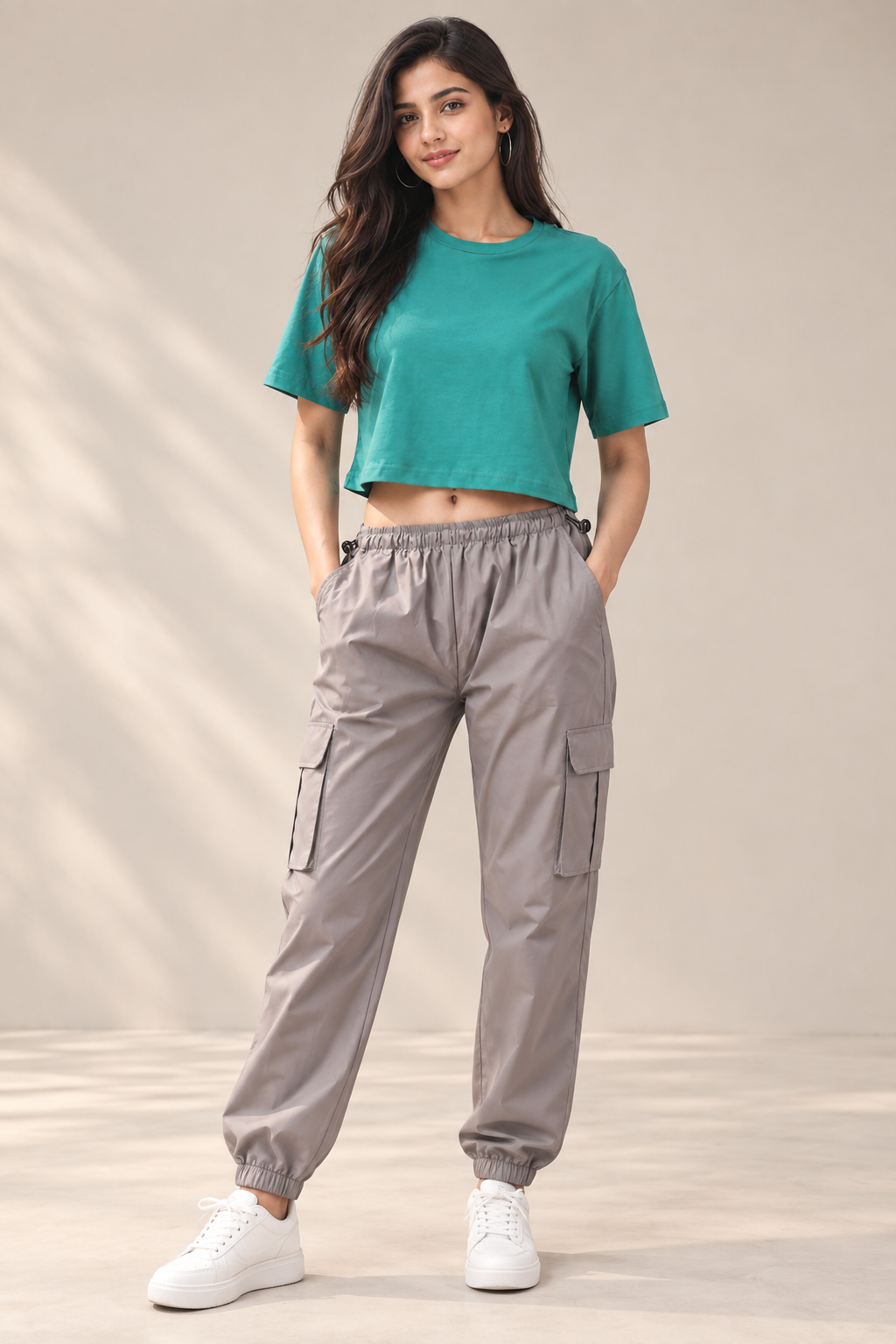 Living CO Women Teal Green Cotton Single Jersey Round Neck Short Sleeves Stitched Crop T-Shirt
