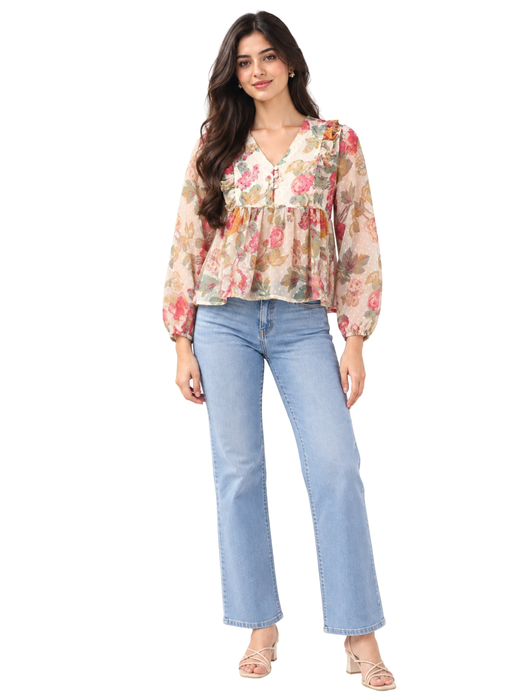 Living CO Women Beige Floral Viscose Chiffon Georgette V Neck Ruffled Peplum Top