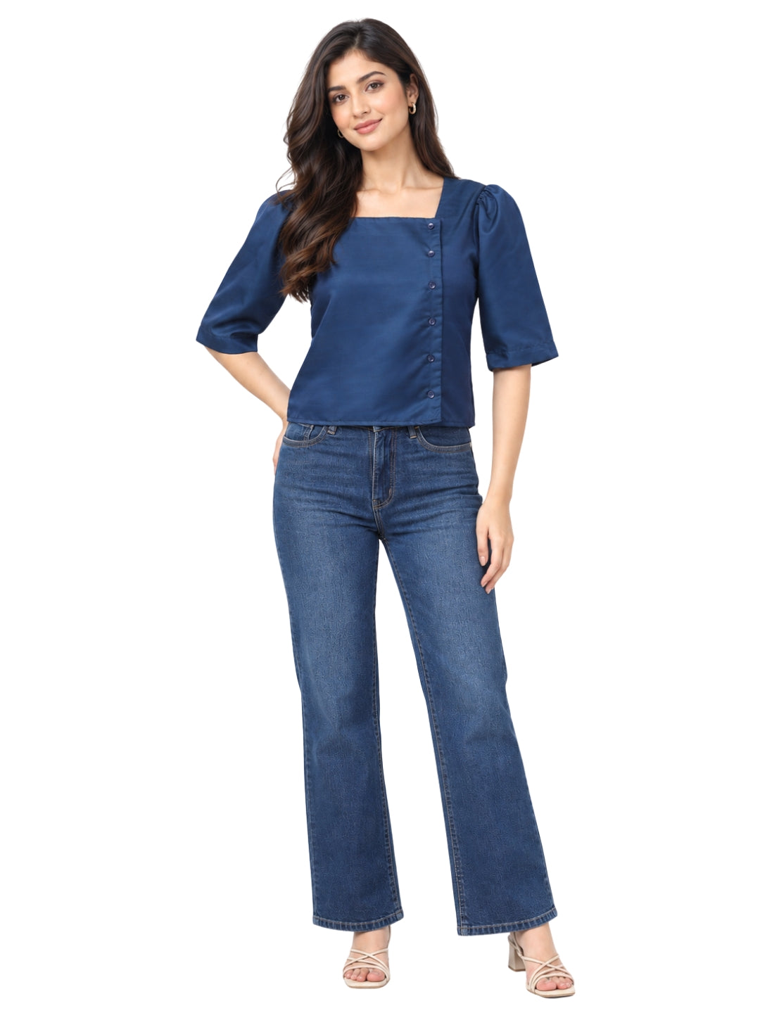Living CO Women Navy Blue Linen Satin Square Neck Half Sleeves Stitched Korean Top