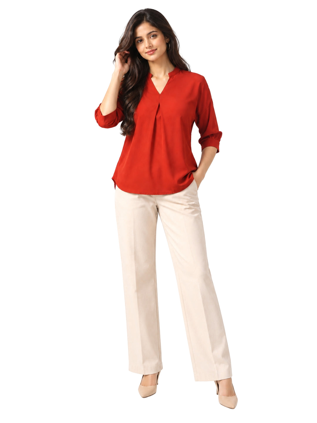 Living CO Women Rust Viscose Blend V Neck Three Quarter Sleeves Stitched Casual Top