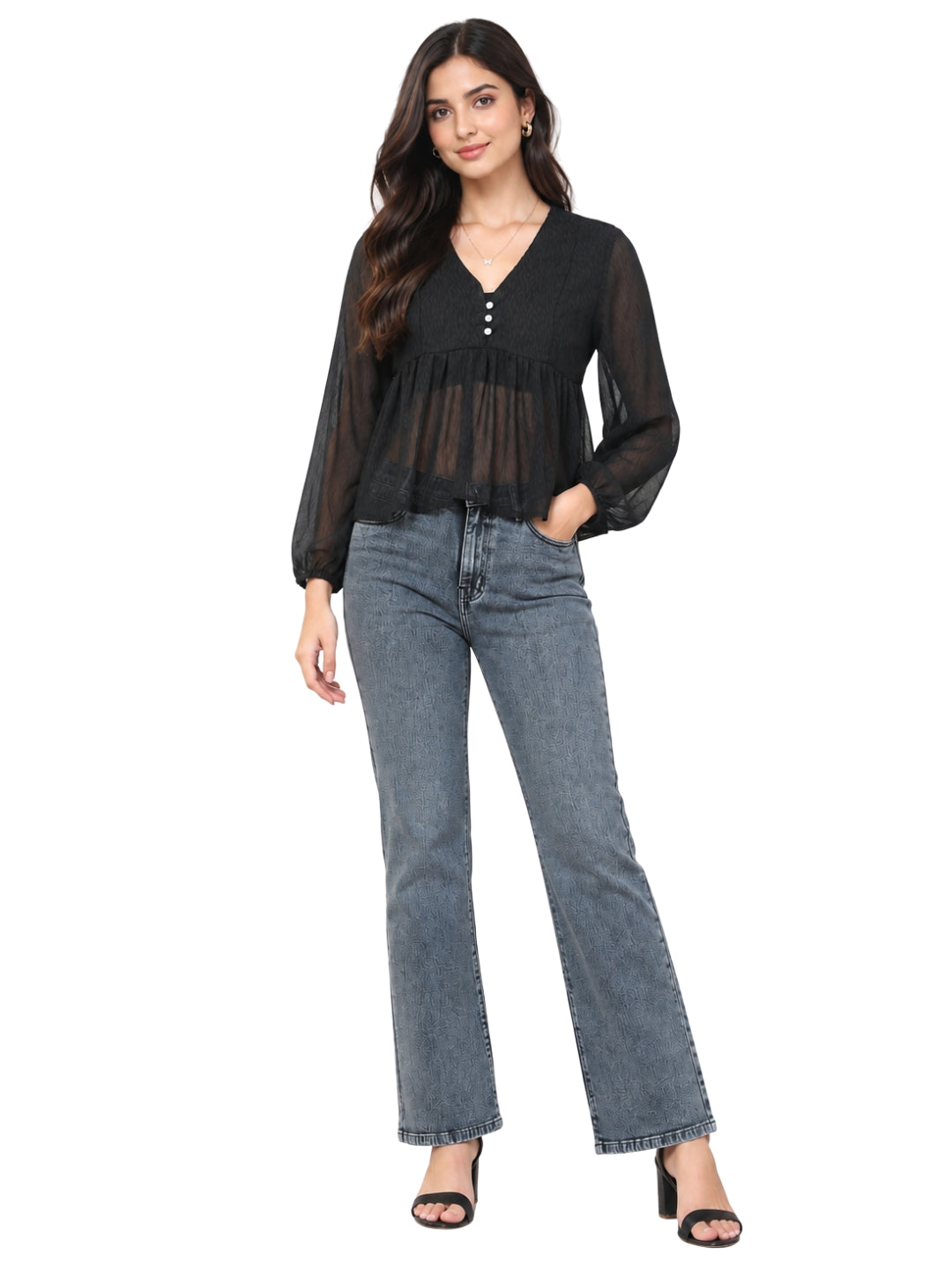 Living CO Women Charcoal Black Viscose Georgette V Neck Long Sleeves Stitched Flared Top