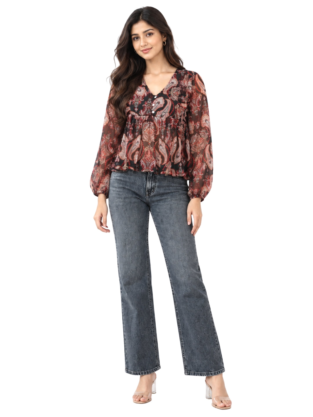 Living CO Women Black Red Paisley Viscose Georgette V Neck Long Sleeves Peplum Top