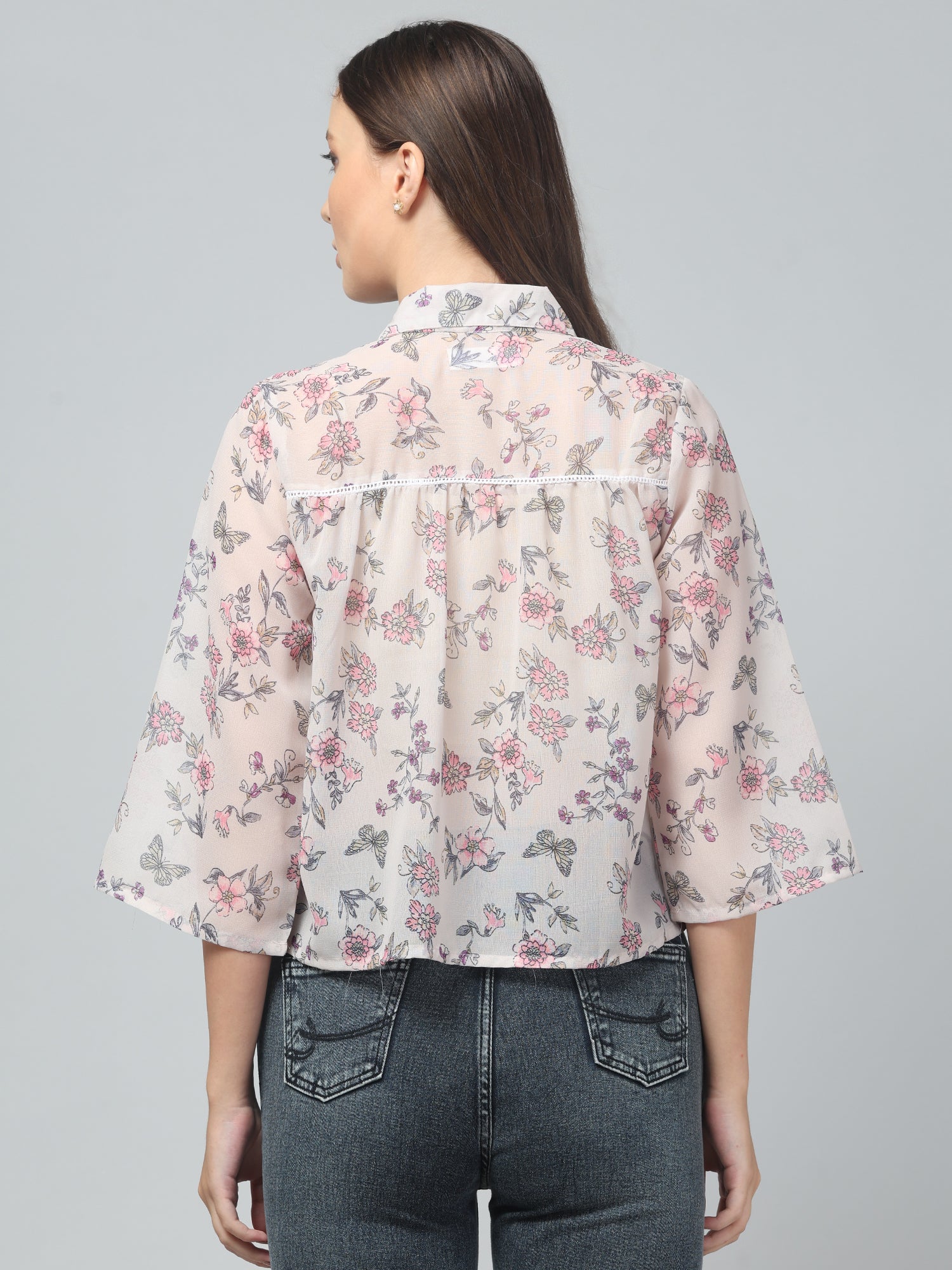 White Floral Crop Shirt