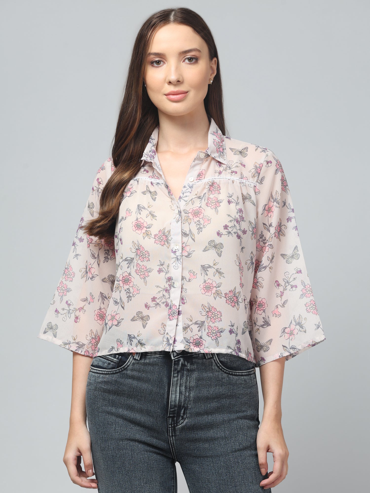 White Floral Crop Shirt