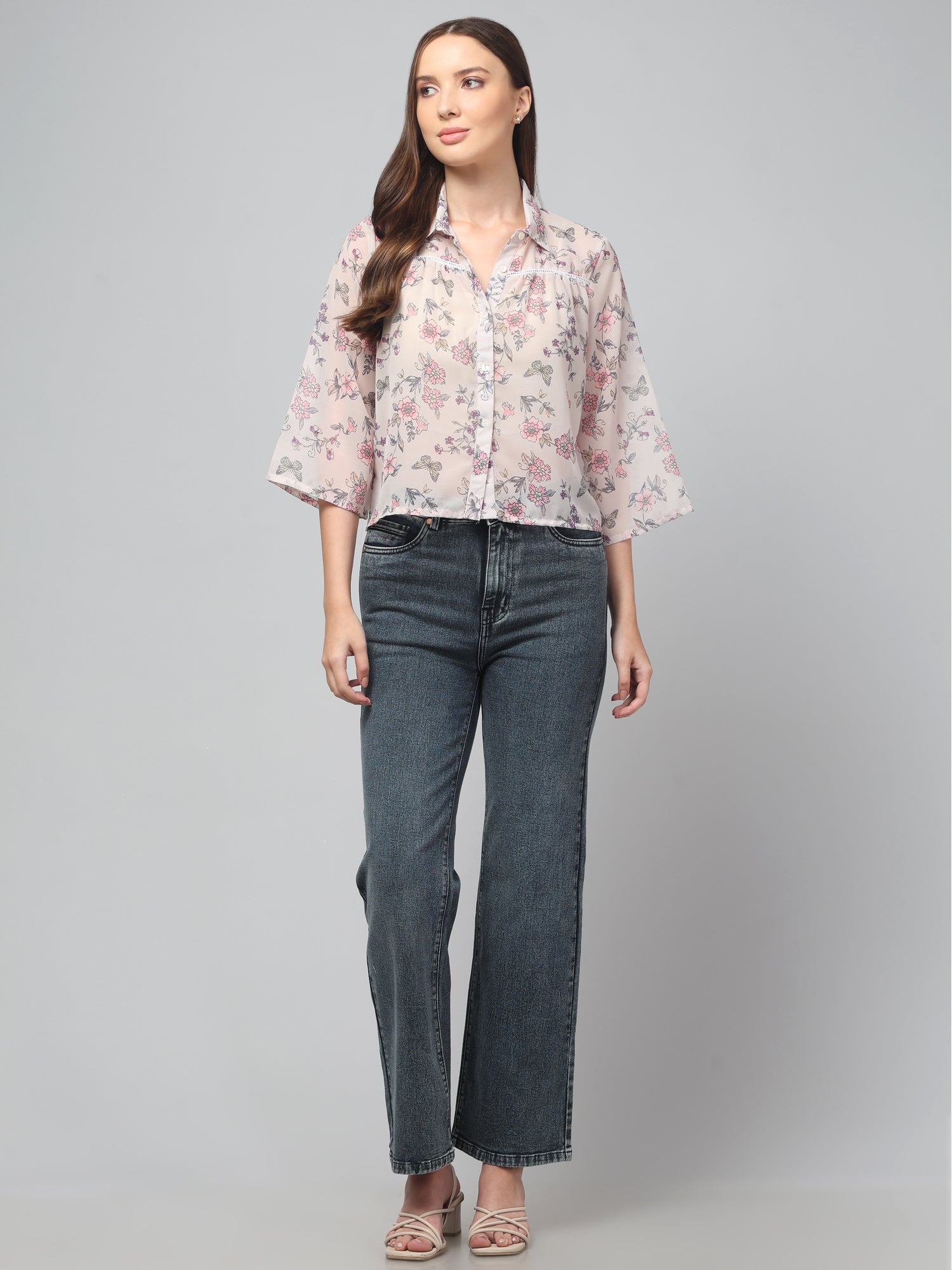 White Floral Crop Shirt