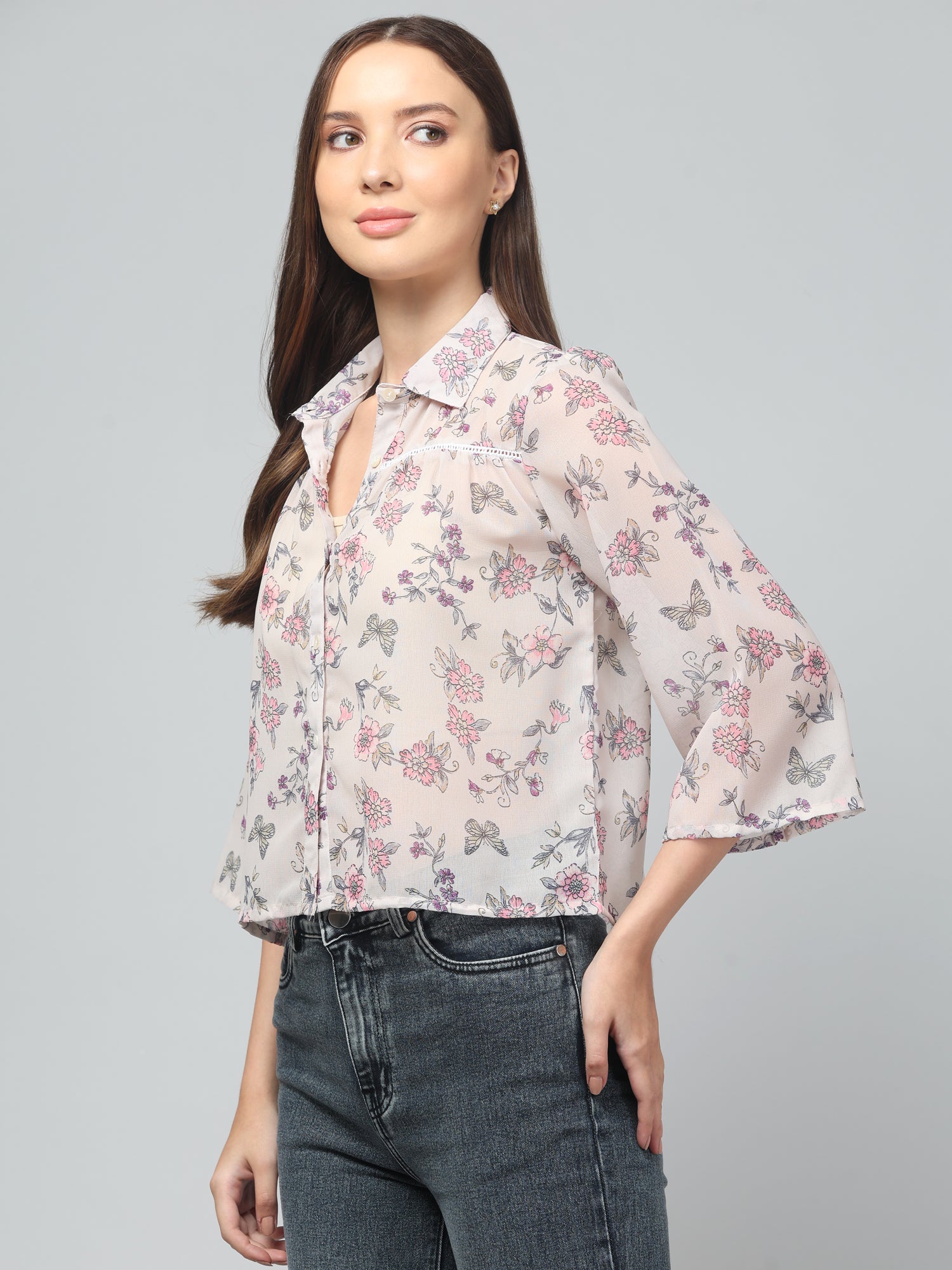 White Floral Crop Shirt