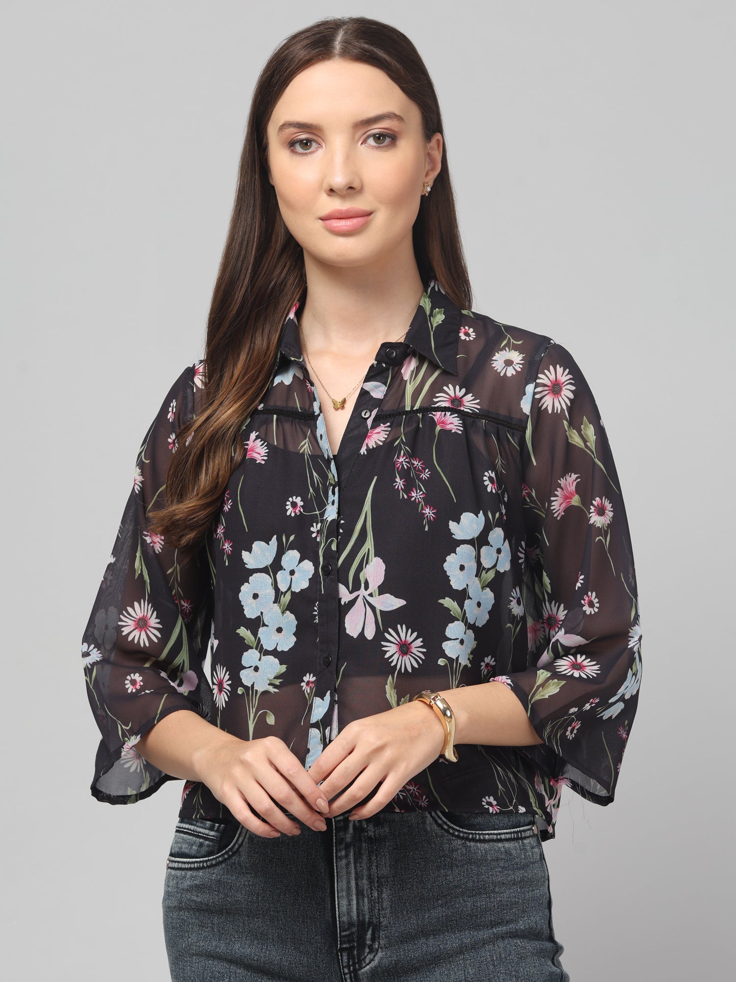 Black Floral Crop Shirt
