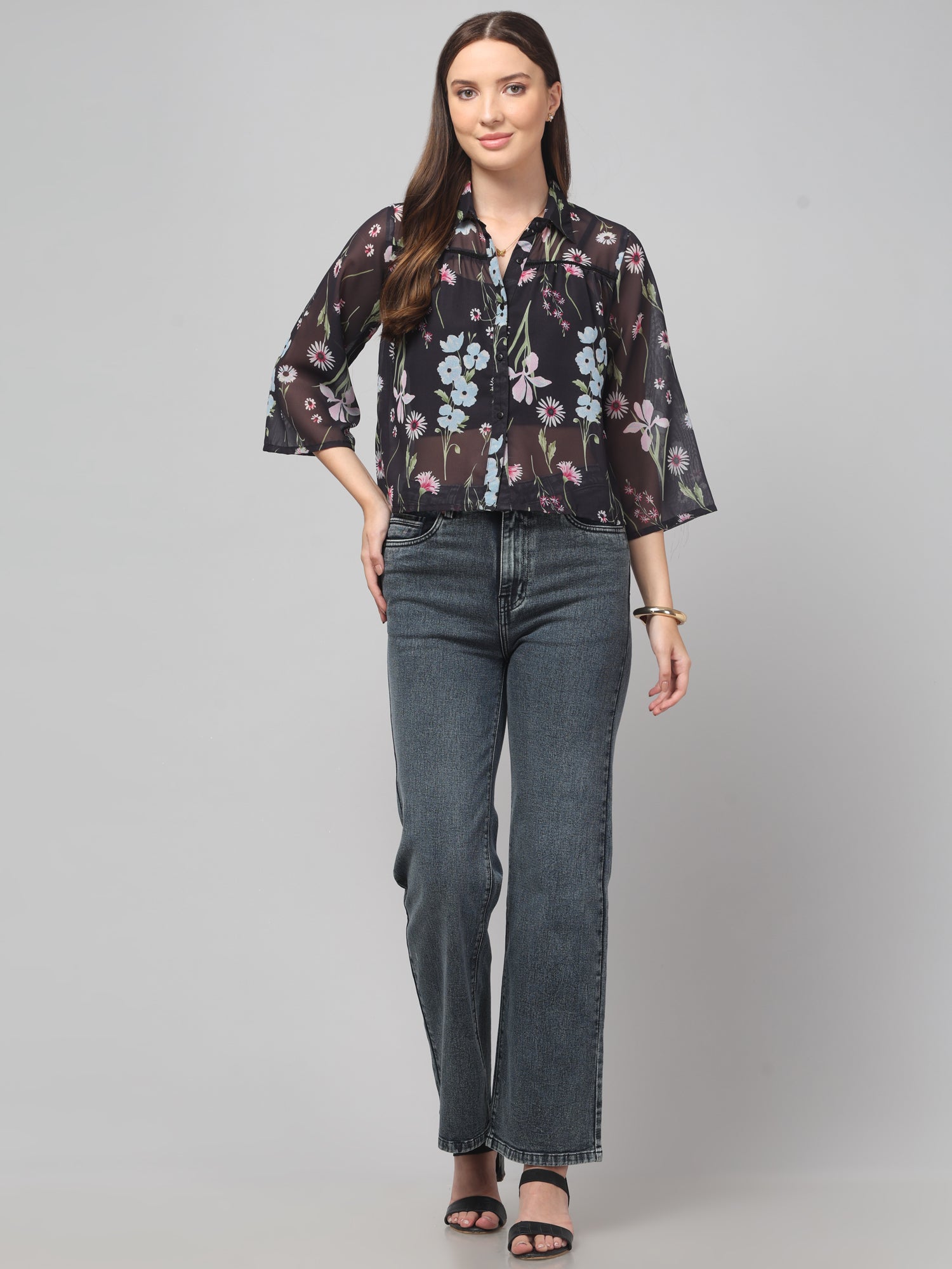 Black Floral Crop Shirt