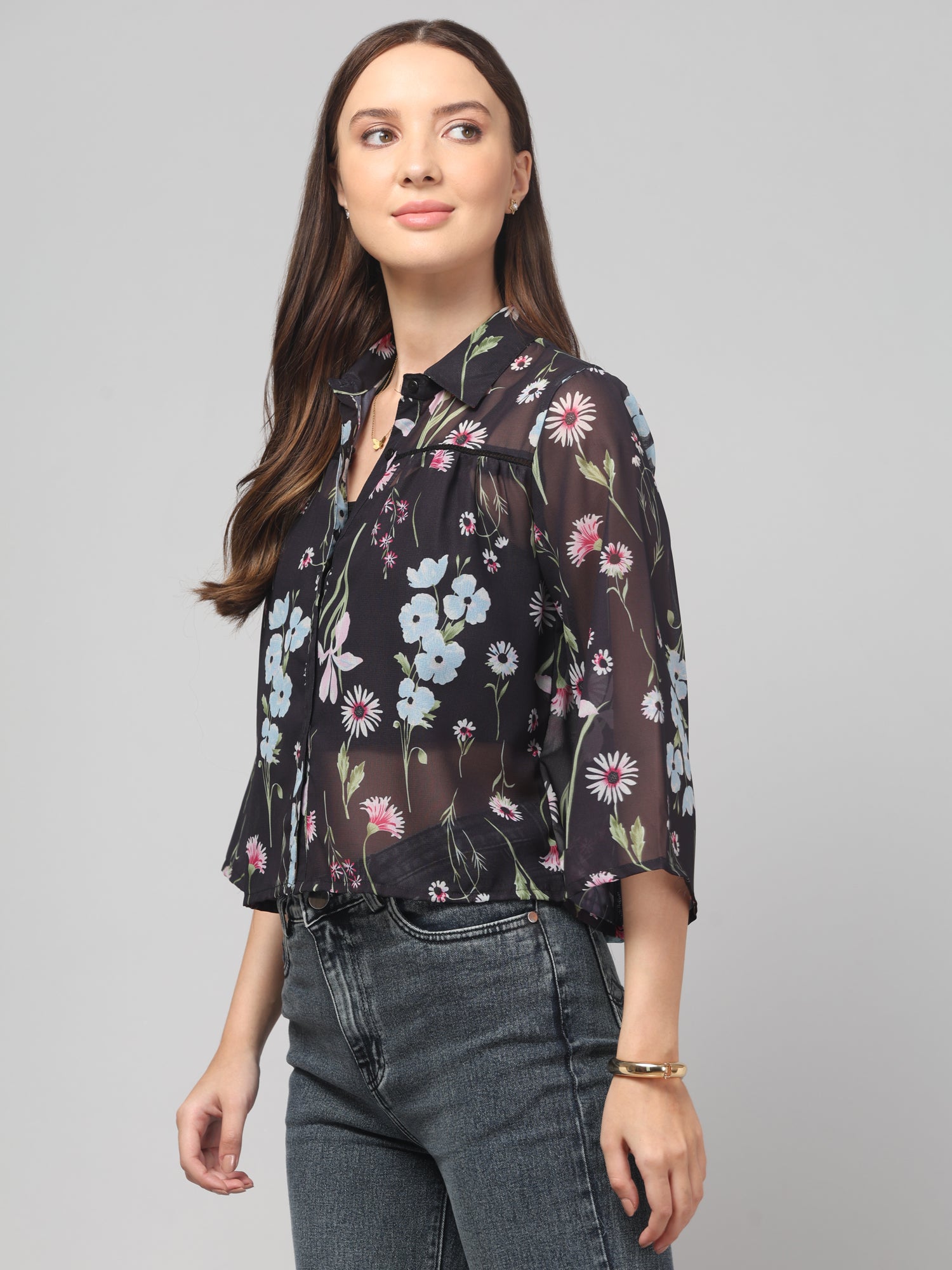Black Floral Crop Shirt