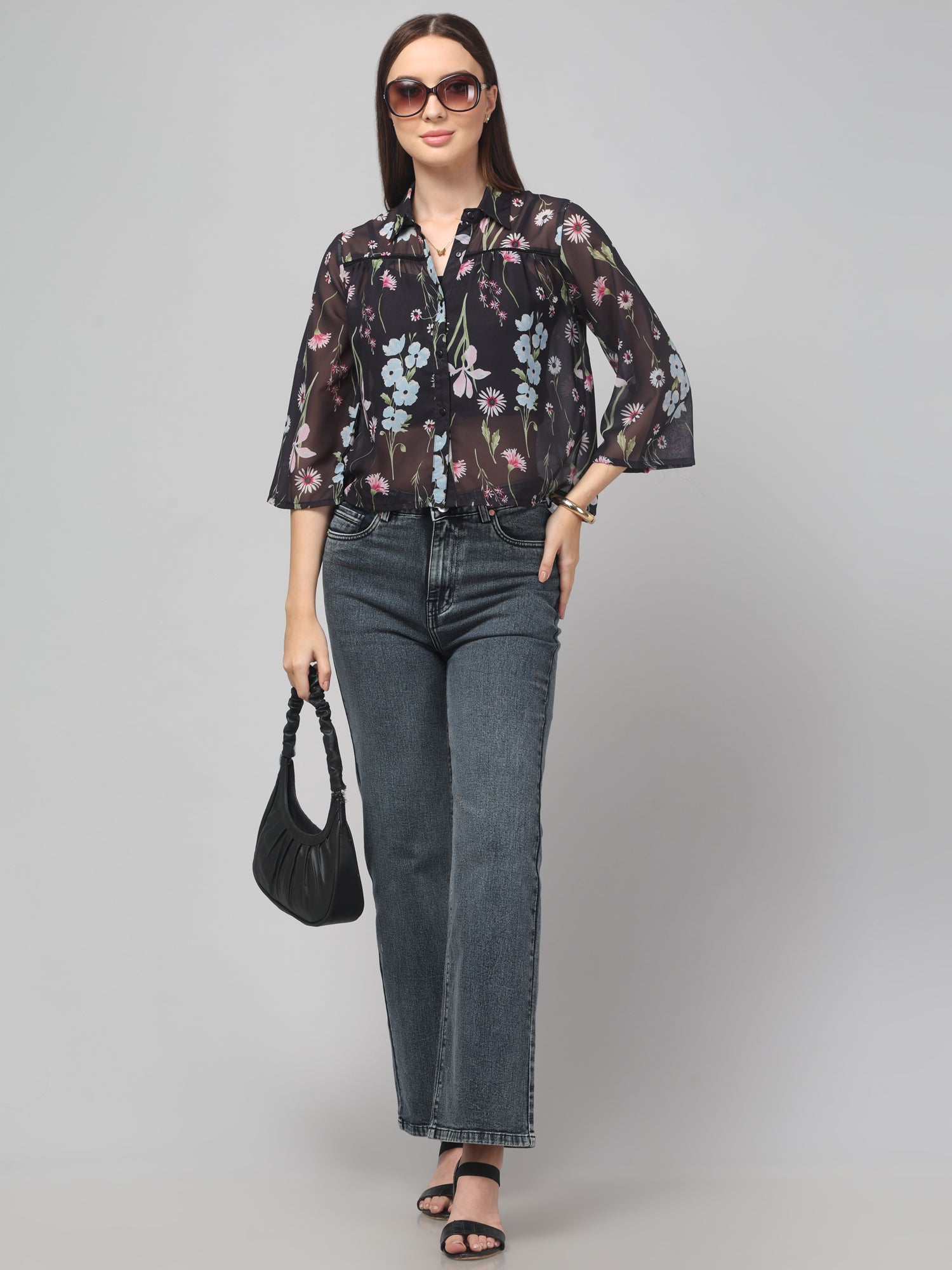 Black Floral Crop Shirt