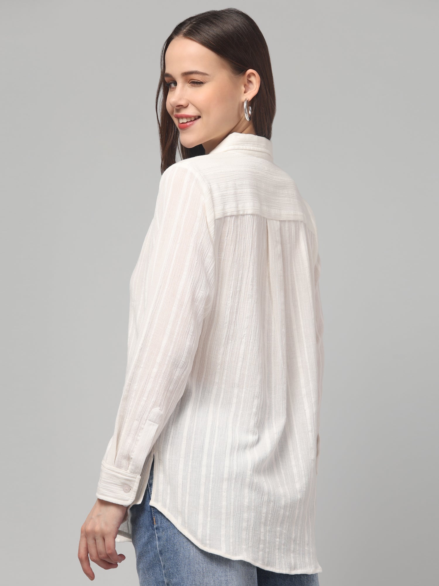 White Textured Button-Down Shirt