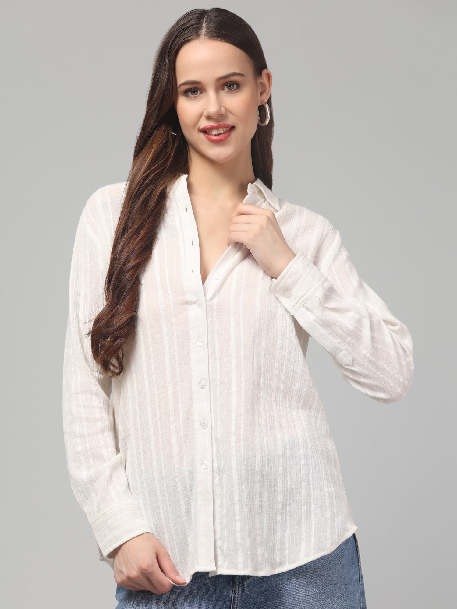 White Textured Button-Down Shirt