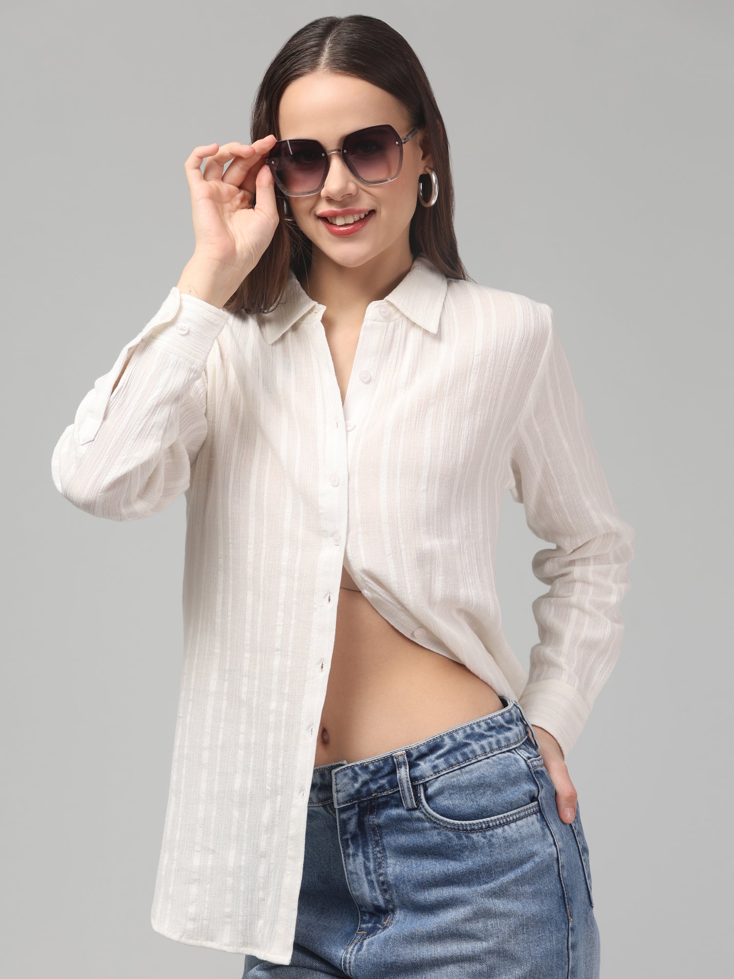 White Textured Button-Down Shirt